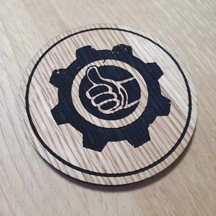 Laser cut wooden coaster personalised. Vault Thumbs up Design2