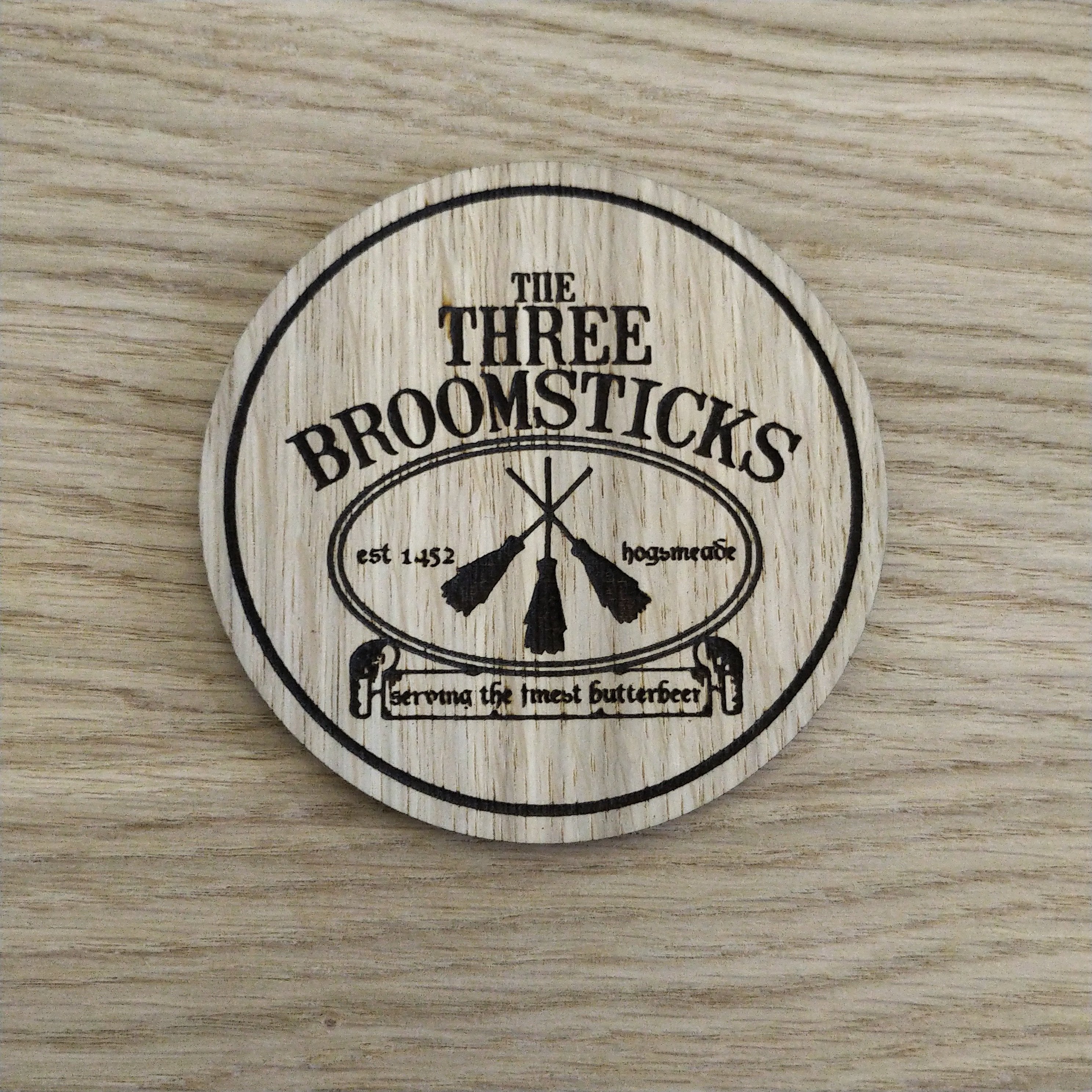 Laser cut wooden coaster personalised. 3 Broomsticks