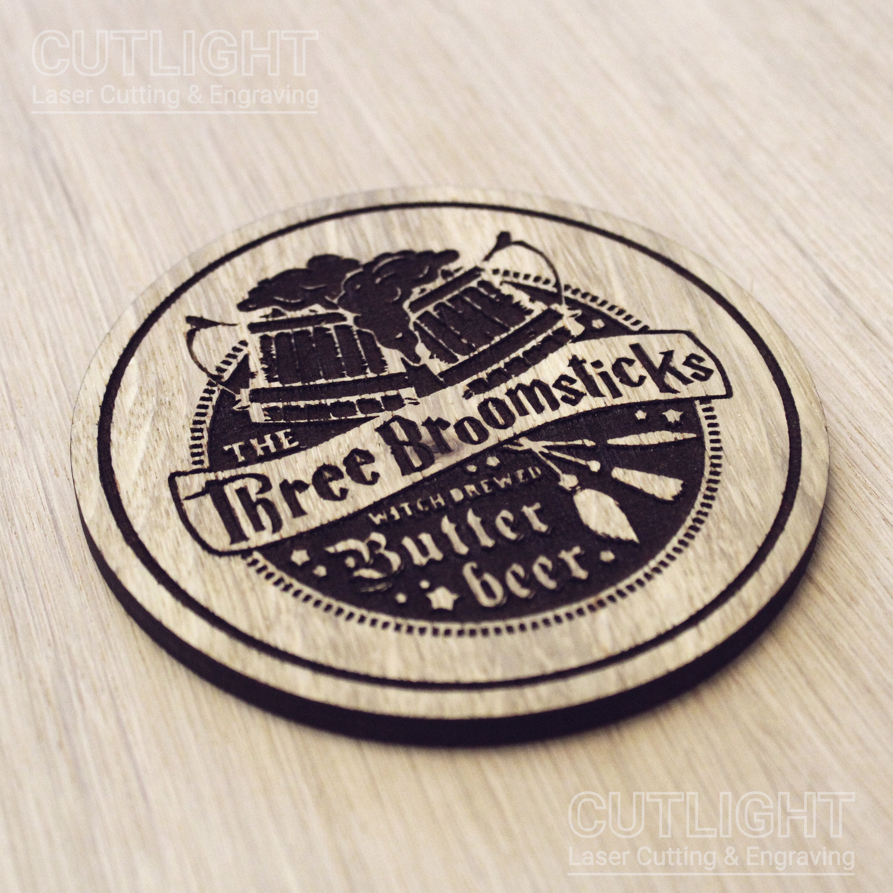 Laser cut wooden coaster personalised. butter beer broomsticks
