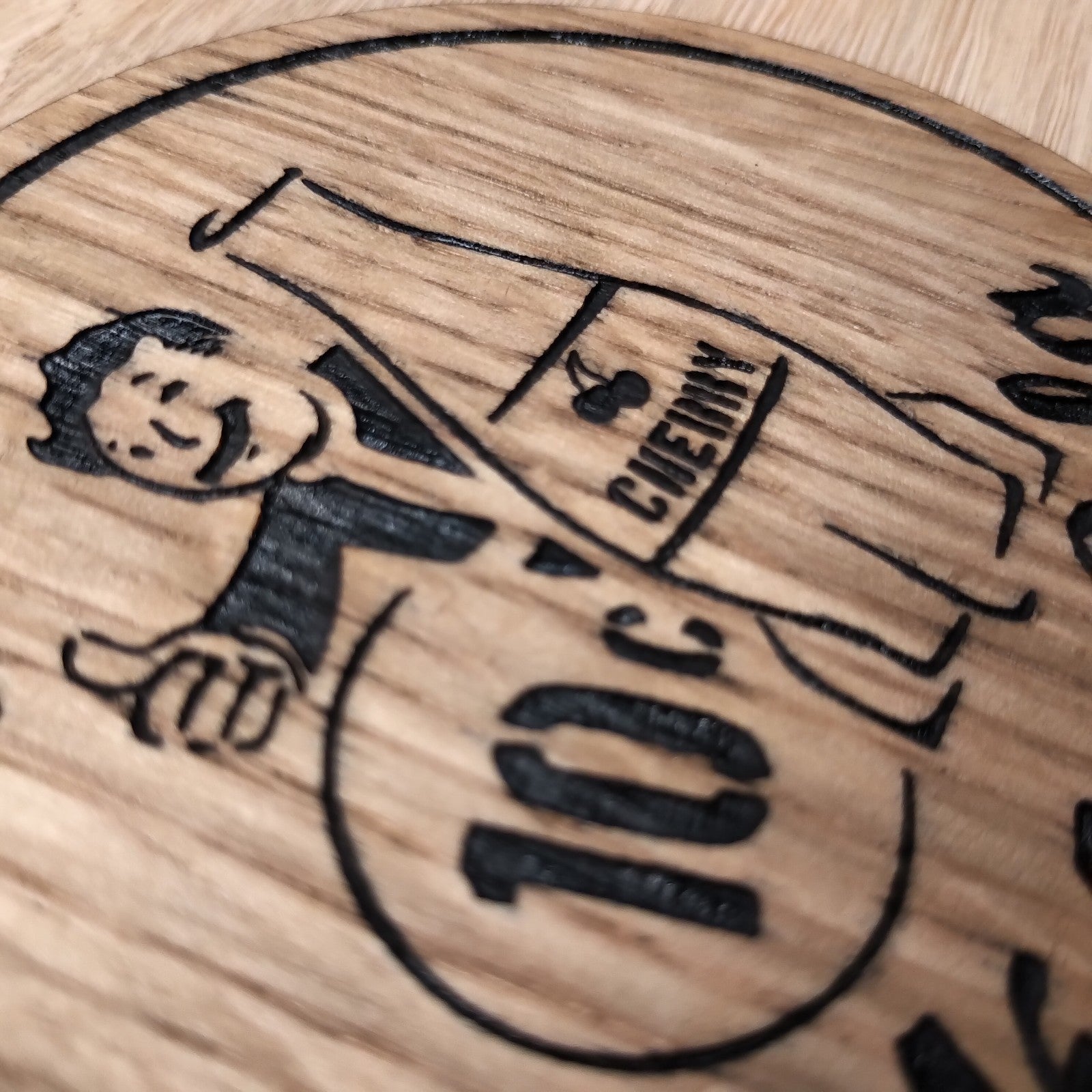 Laser cut wooden coaster personalised. nuka cola cherry