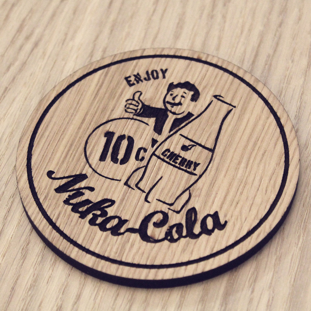 Laser cut wooden coaster personalised. nuka cola cherry