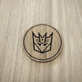 Laser cut wooden coaster. Deception 1980s cartoon