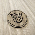 Laser cut wooden coaster. Autobot 1980s cartoon