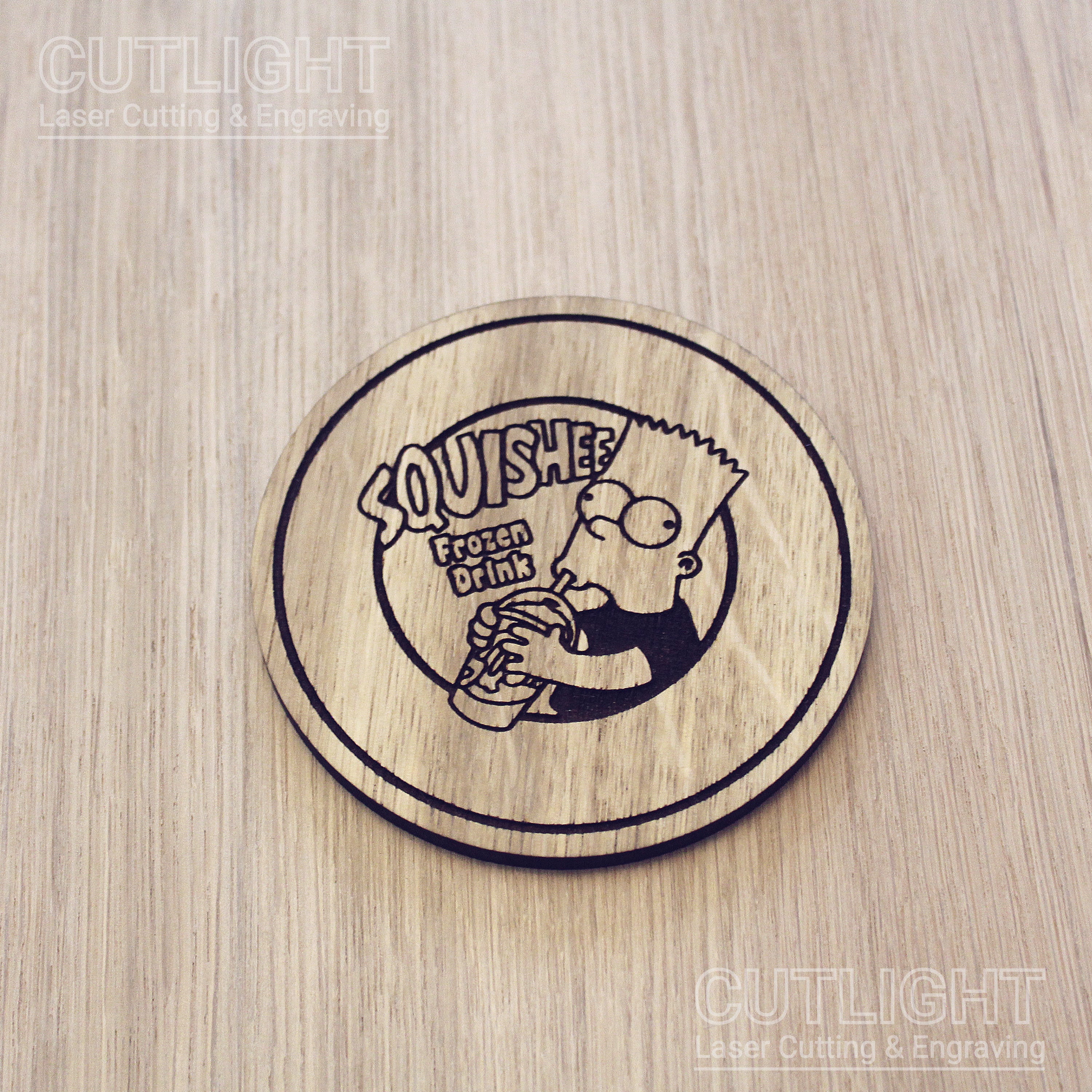 Laser cut wooden coaster personalised. Squishie cartoon