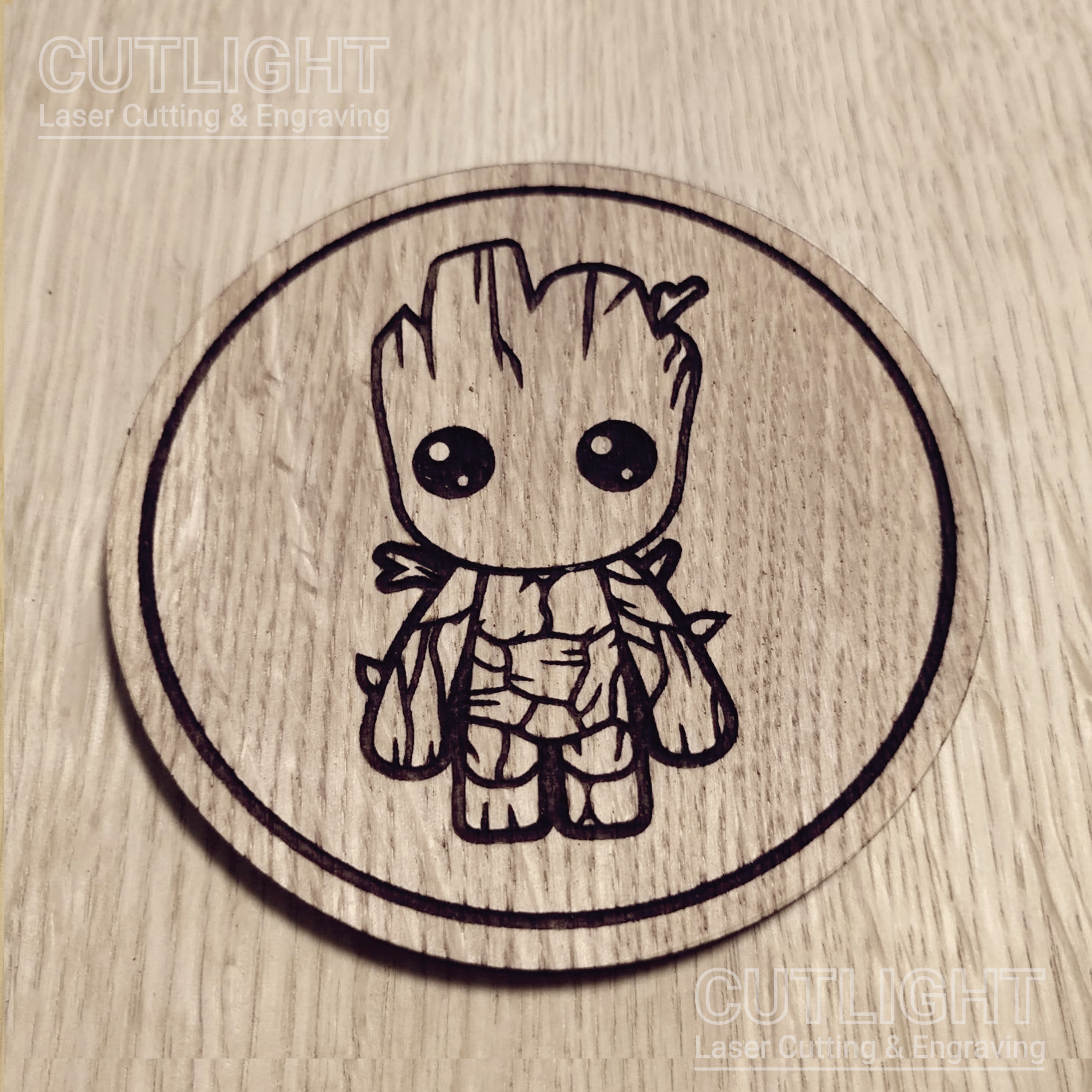 Laser cut wooden coaster. Baby Groot