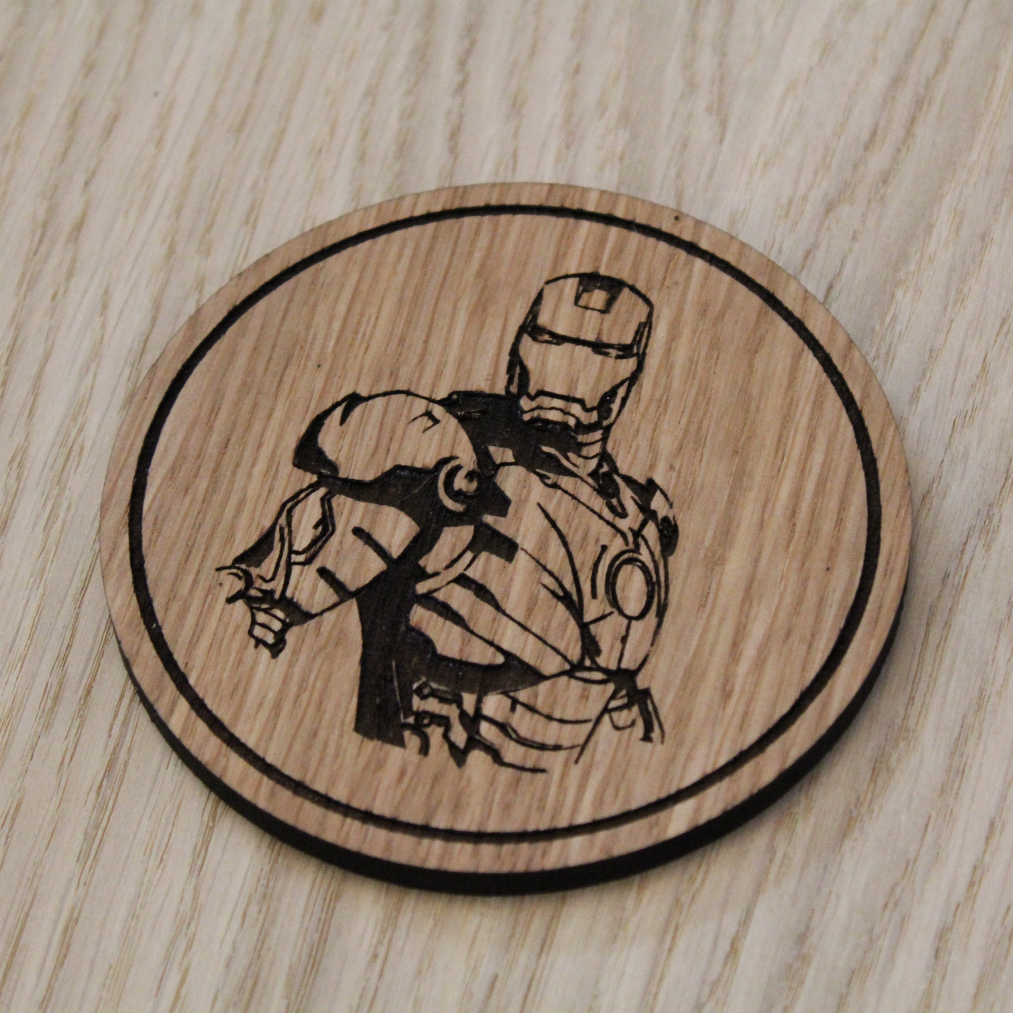 Laser cut wooden coaster personalised. Stark Suit
