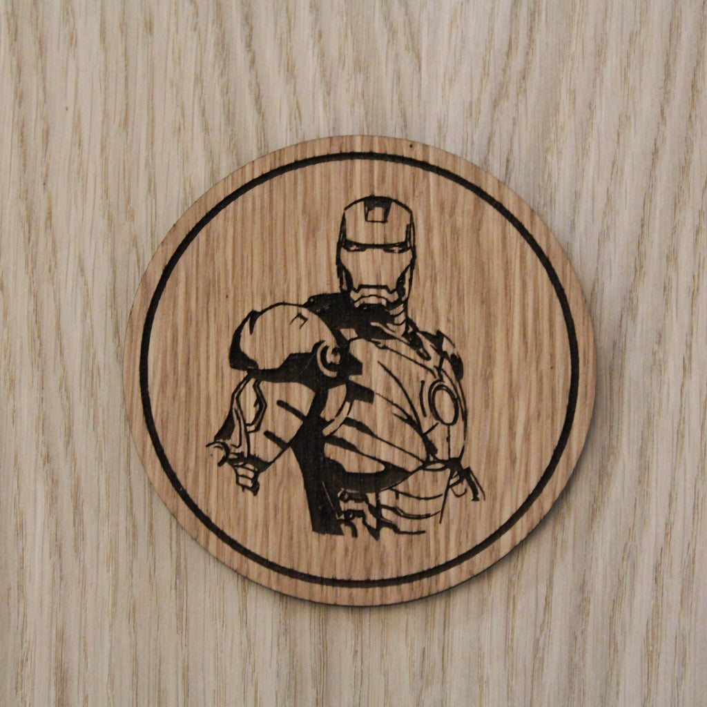 Laser cut wooden coaster personalised. Stark Suit