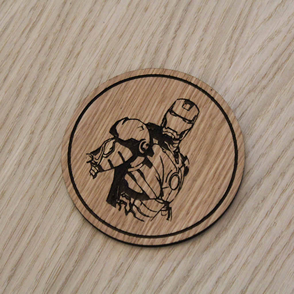 Laser cut wooden coaster personalised. Stark Suit