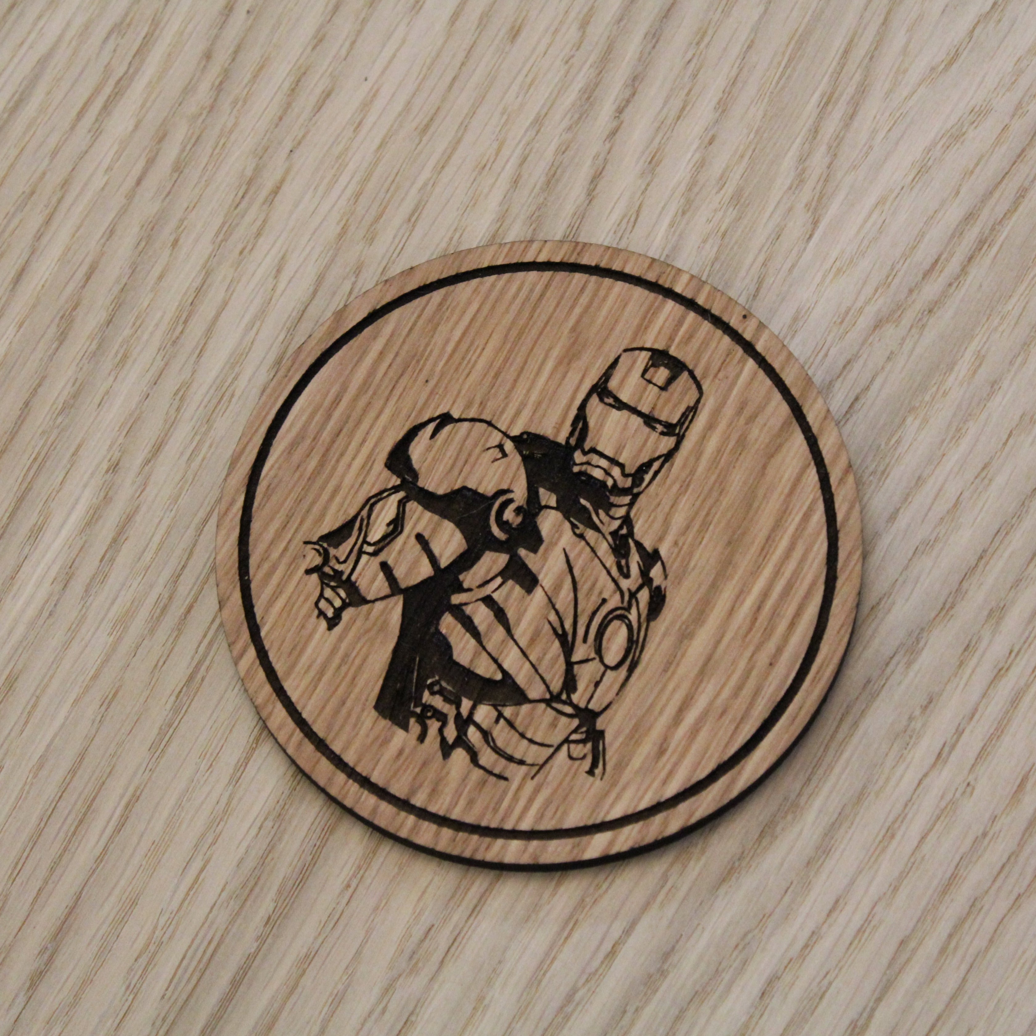 Laser cut wooden coaster personalised. Stark Suit