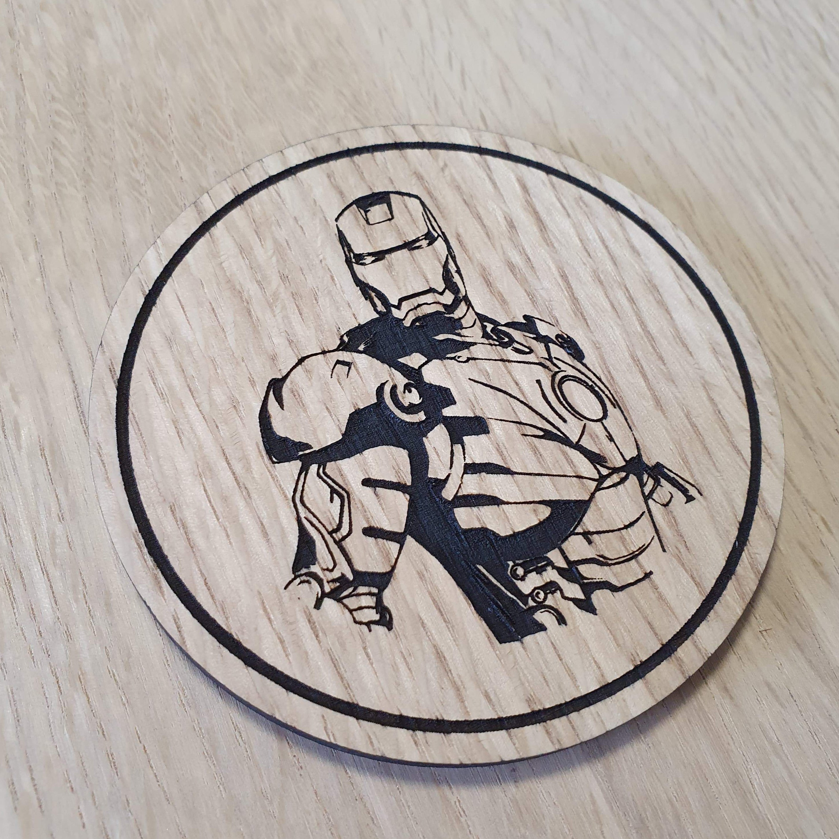 Laser cut wooden coaster personalised. Stark Suit