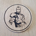 Laser cut wooden coaster personalised. Stark Suit