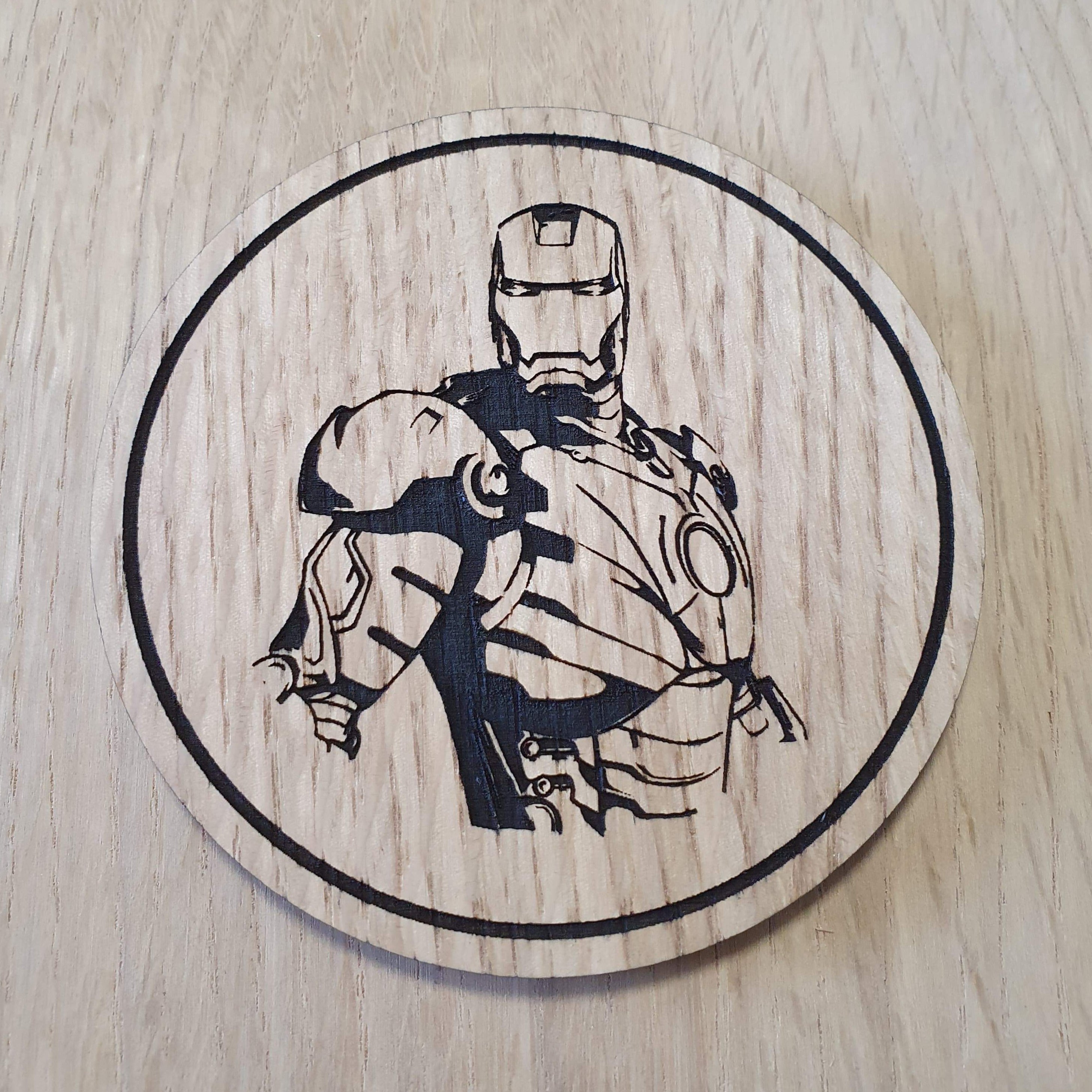 Laser cut wooden coaster personalised. Stark Suit