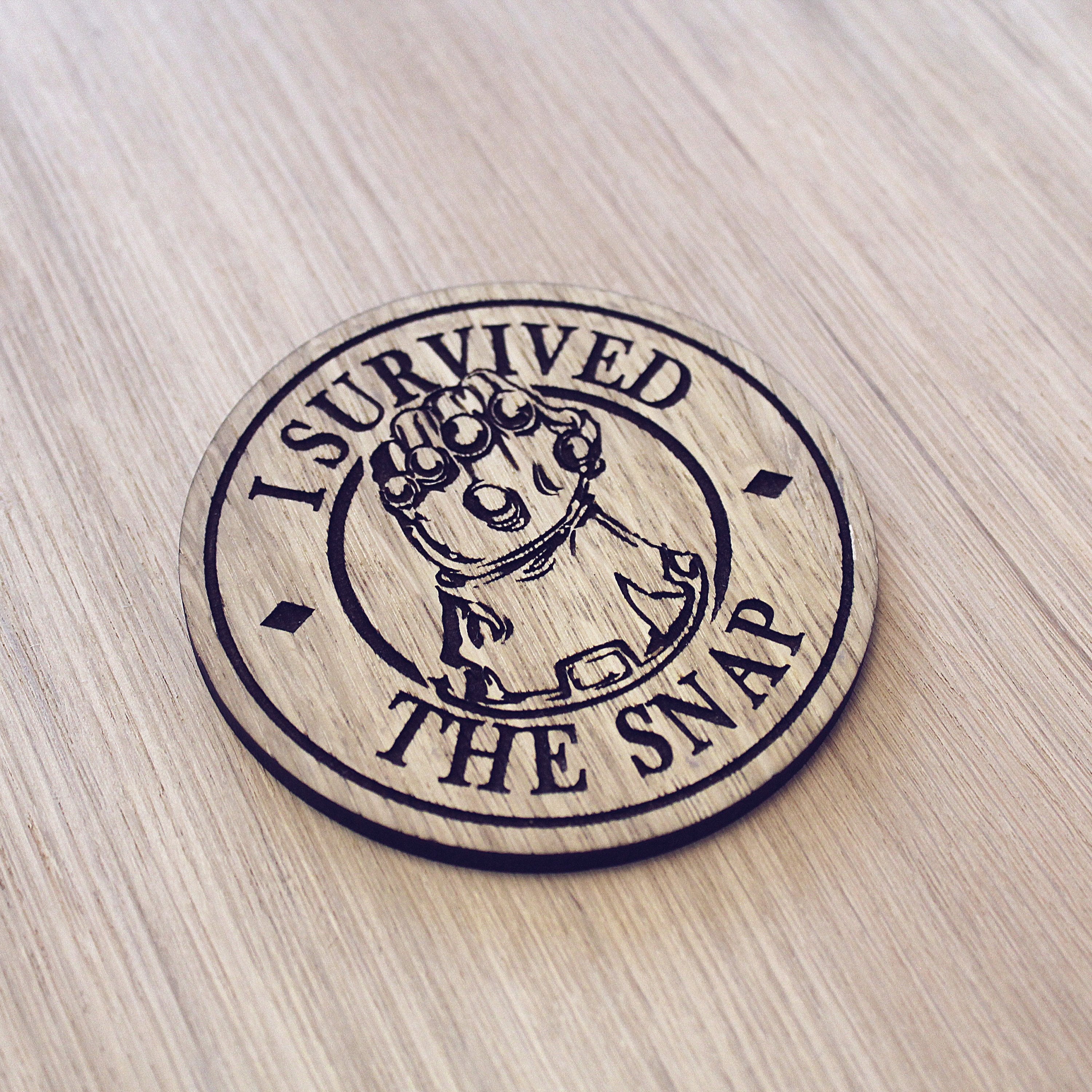 Laser cut wooden coaster personalised. Gauntlet Snap blip survivor
