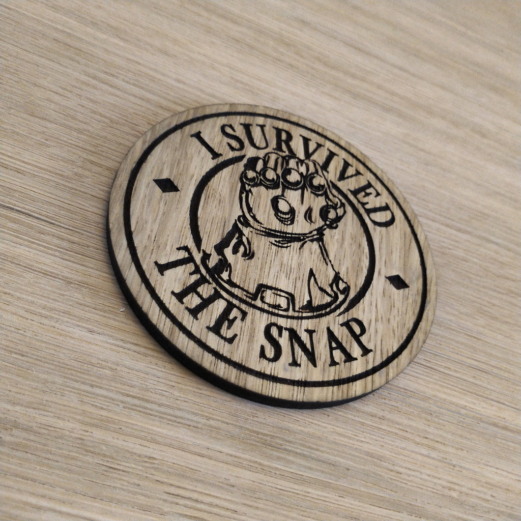 Laser cut wooden coaster personalised. Gauntlet Snap blip survivor