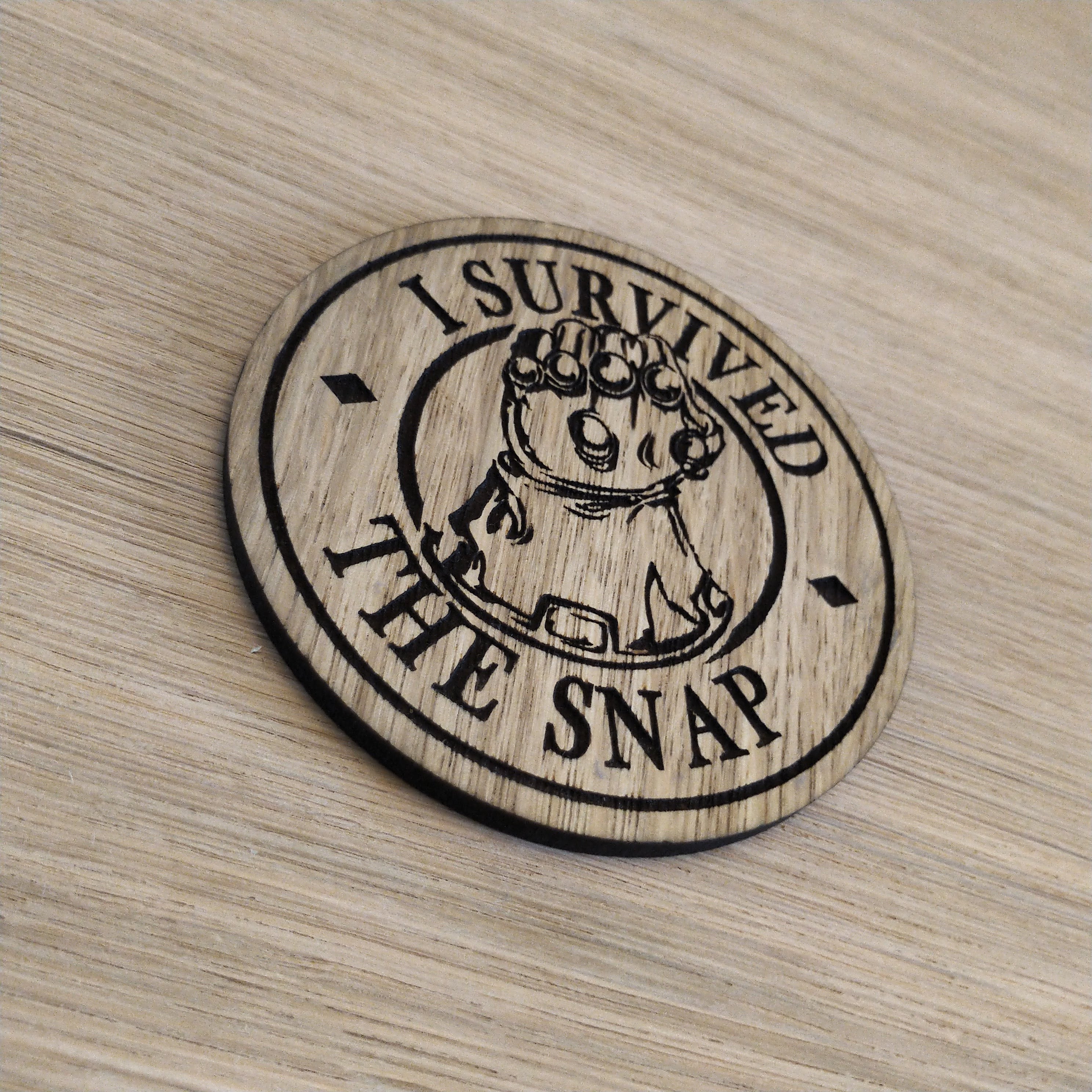 Laser cut wooden coaster personalised. Gauntlet Snap blip survivor