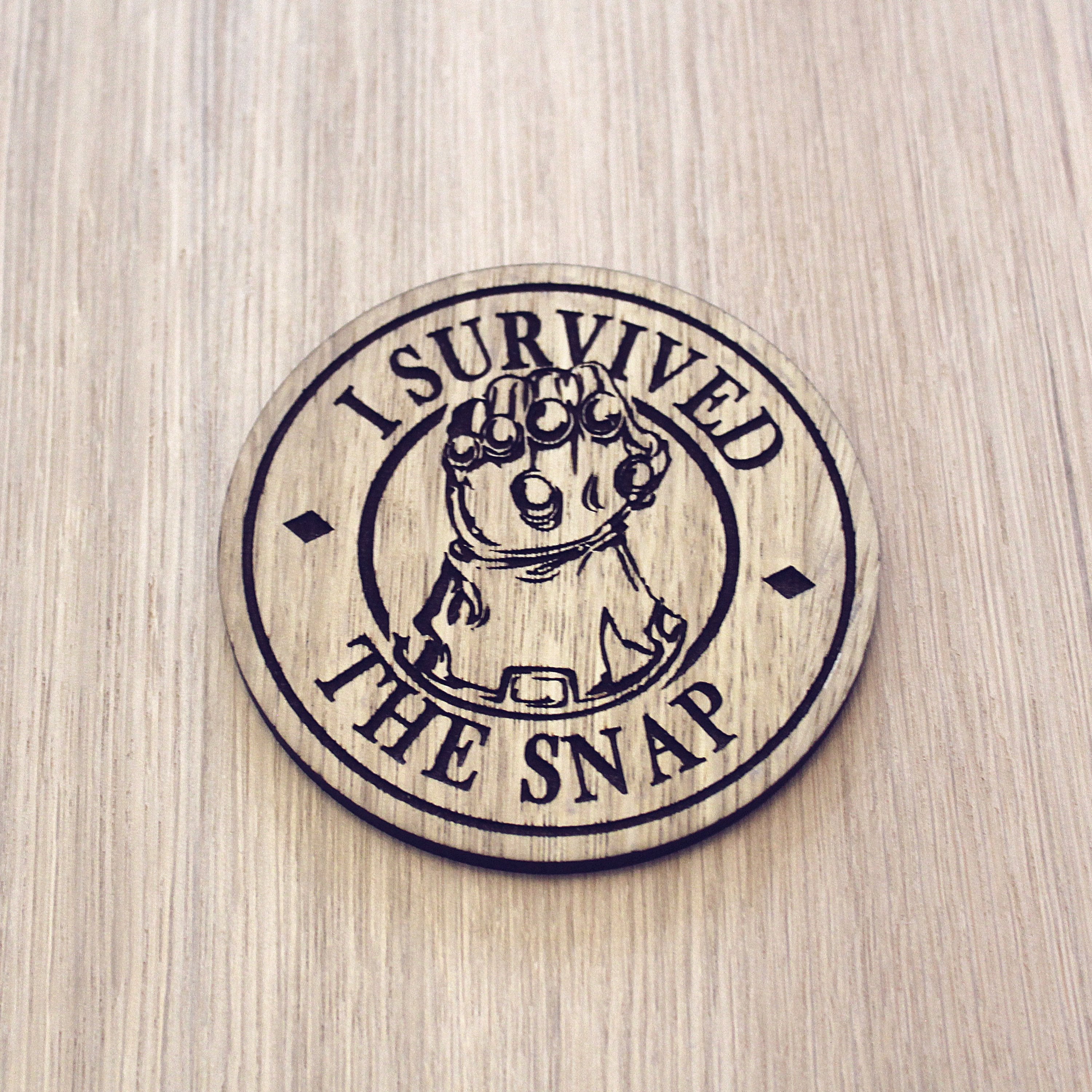 Laser cut wooden coaster personalised. Gauntlet Snap blip survivor
