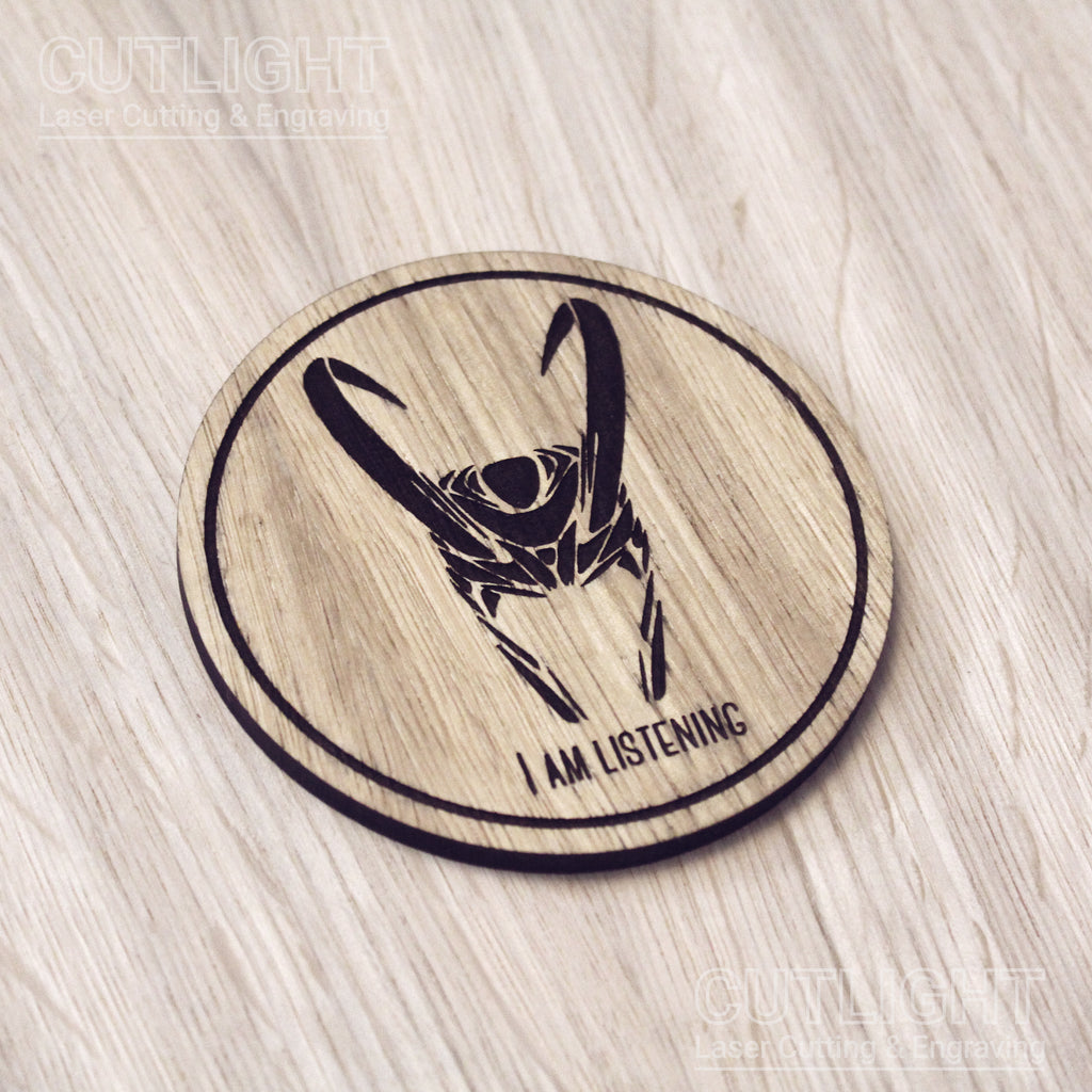 Laser cut wooden coaster personalised. I am Listening