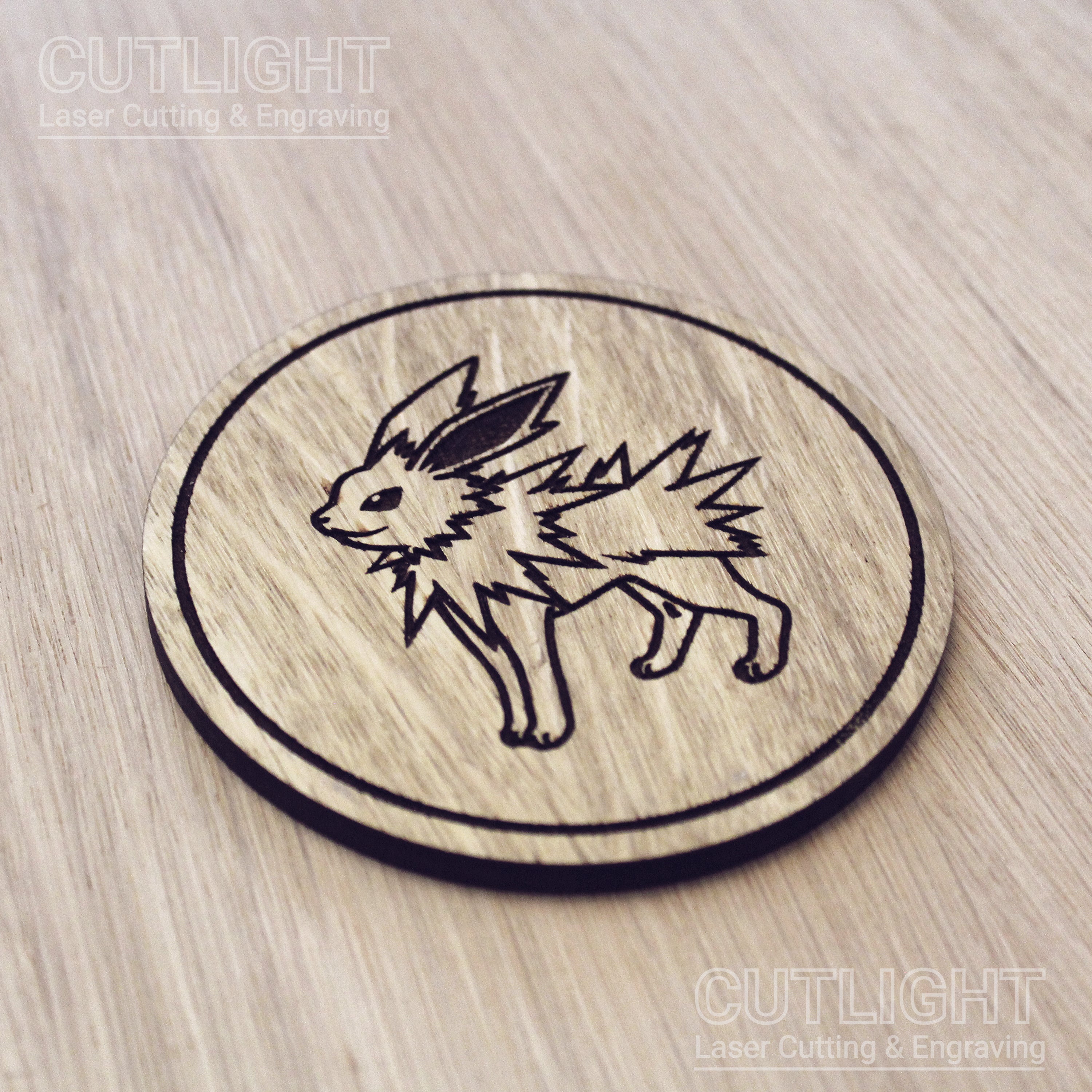 Laser cut wooden coaster. Eevee Jolteon