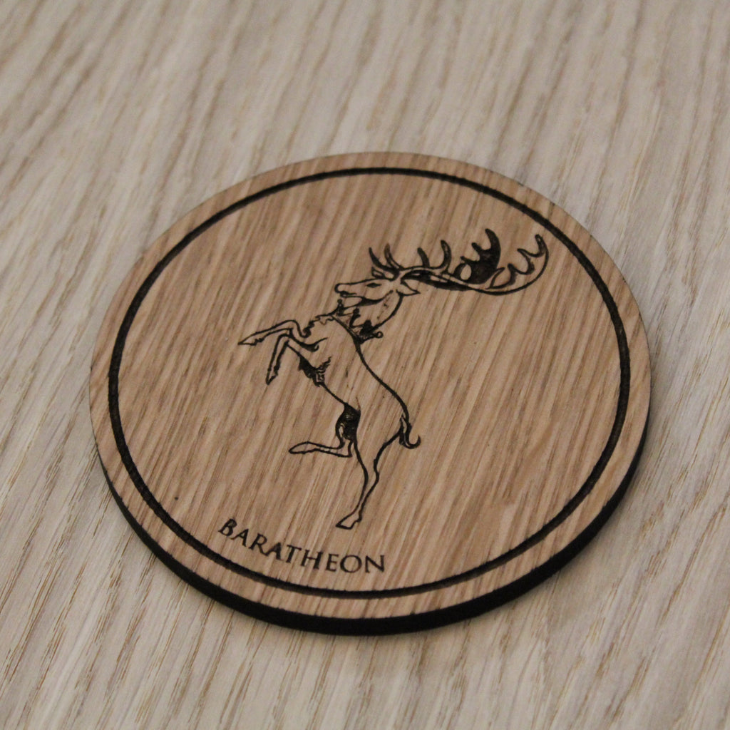 Laser cut wooden coaster.  House Baratheon