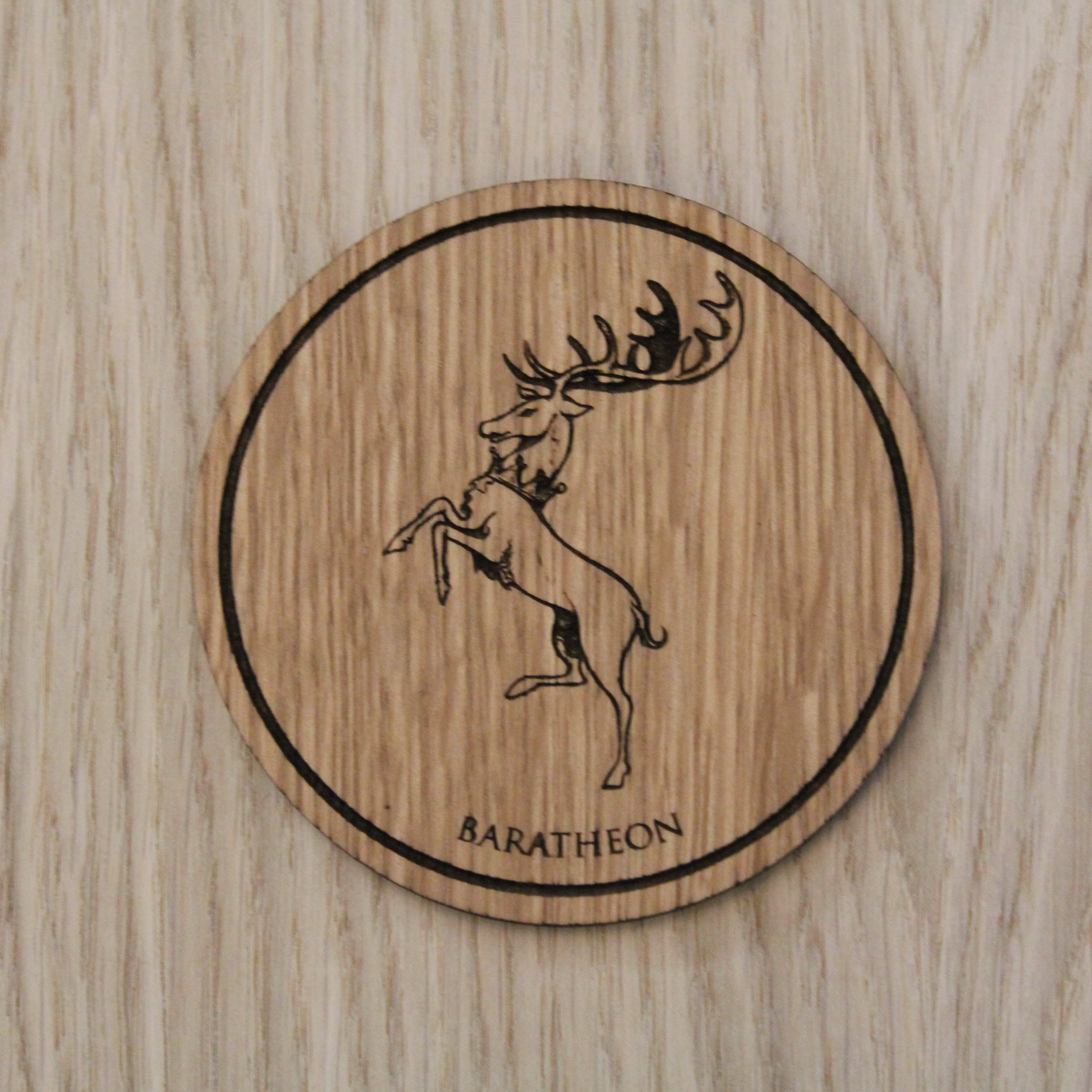 Laser cut wooden coaster.  House Baratheon