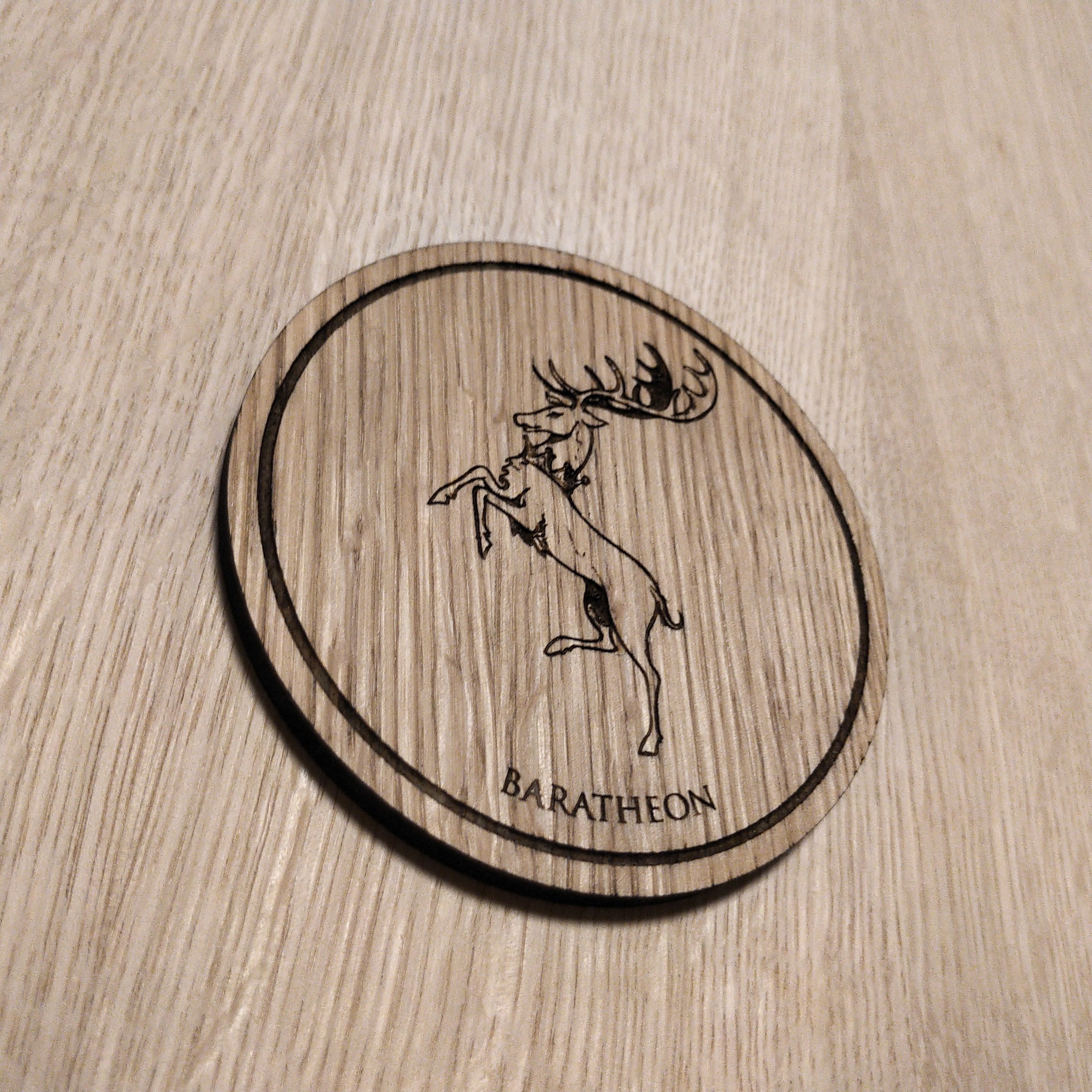 Laser cut wooden coaster.  House Baratheon