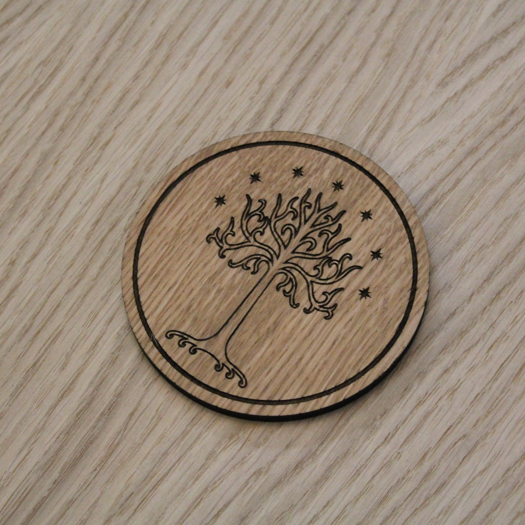 Laser cut wooden coaster personalised. LOTR white tree of Gondor