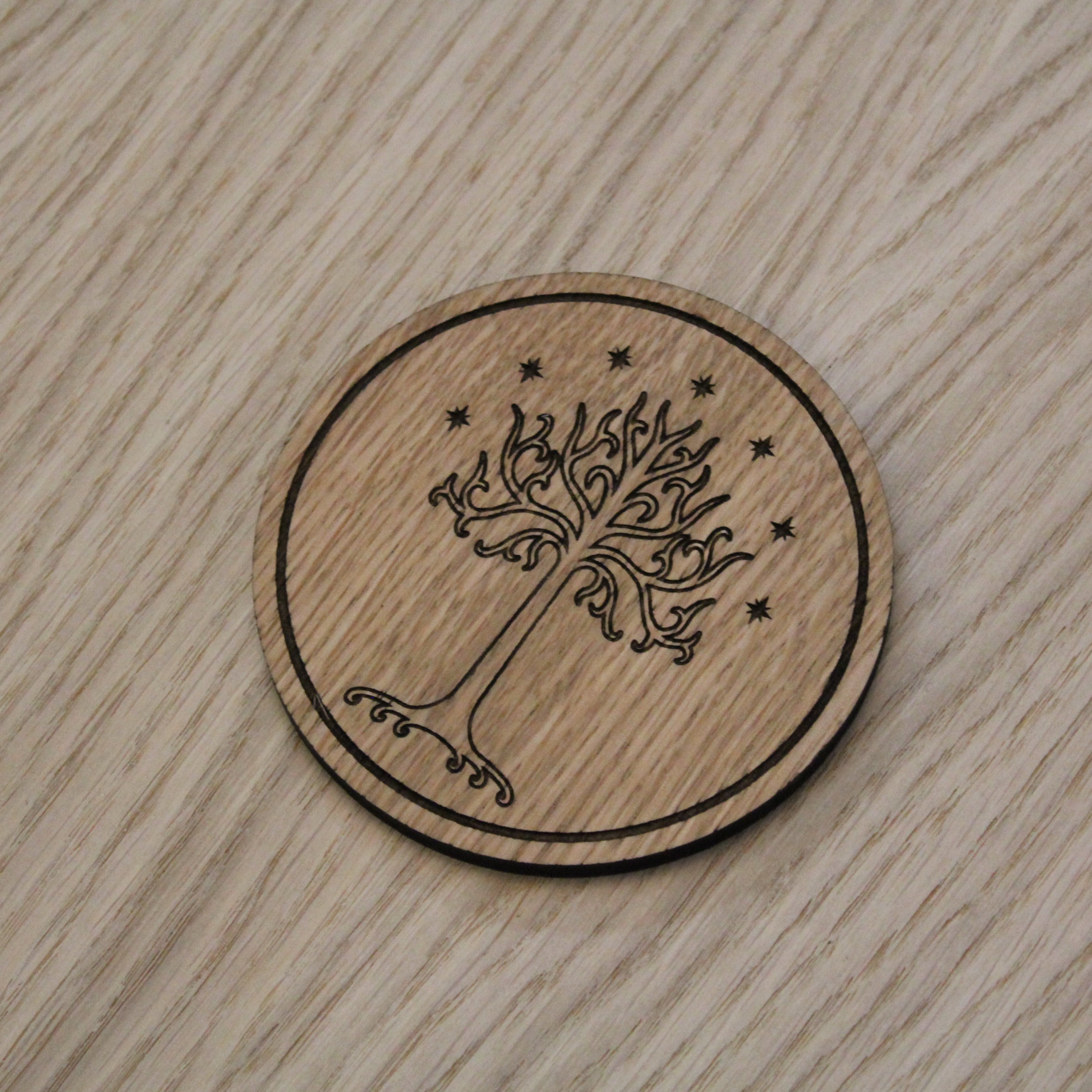 Laser cut wooden coaster personalised. LOTR white tree of Gondor
