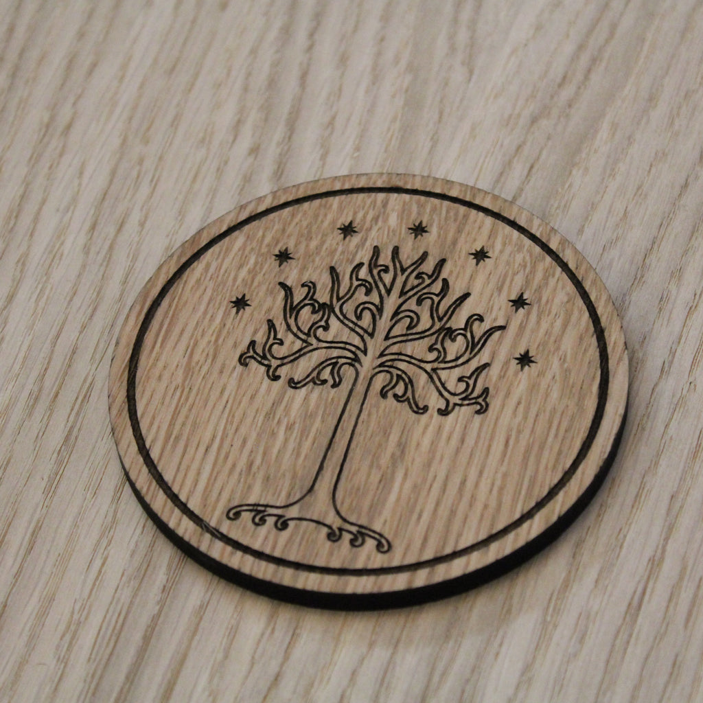 Laser cut wooden coaster personalised. LOTR white tree of Gondor