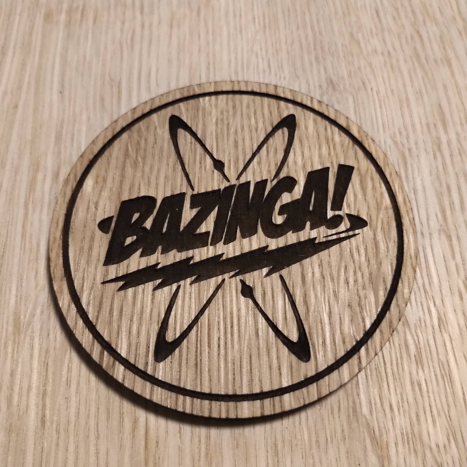Laser cut wooden coaster personalised.  Big Bang Bazinga