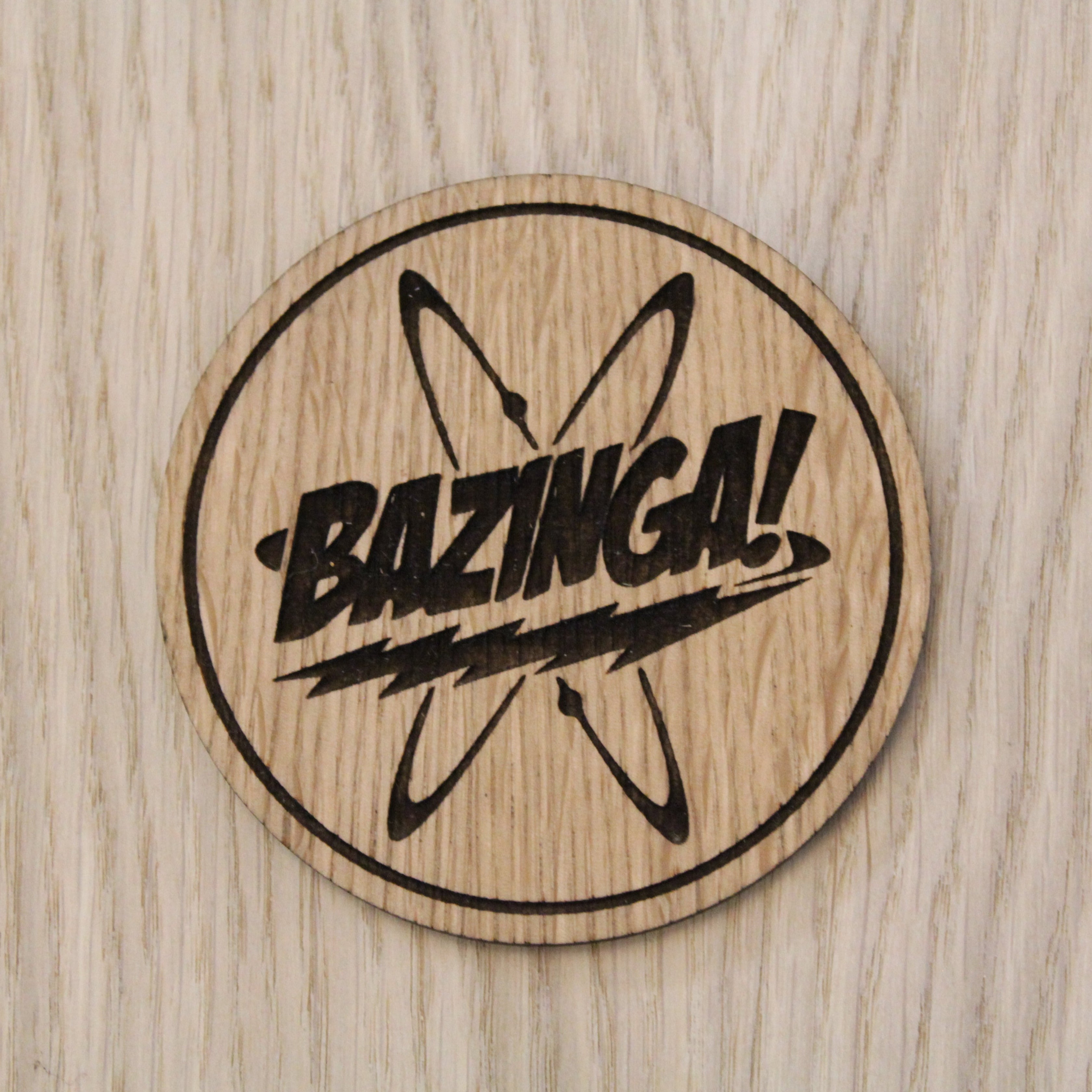 Laser cut wooden coaster personalised.  Big Bang Bazinga