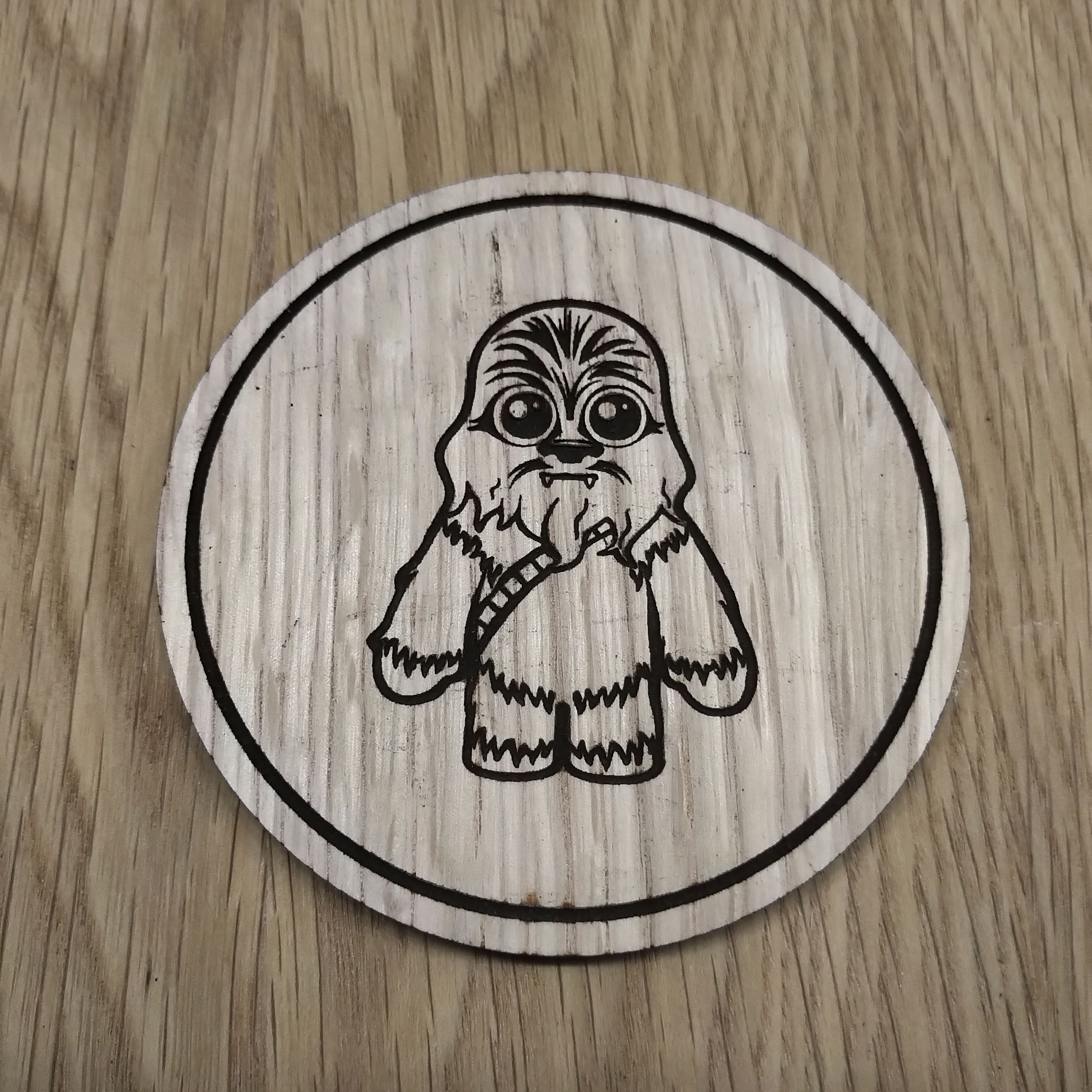 Laser cut wooden coaster personalised. Baby Chewie Chibi