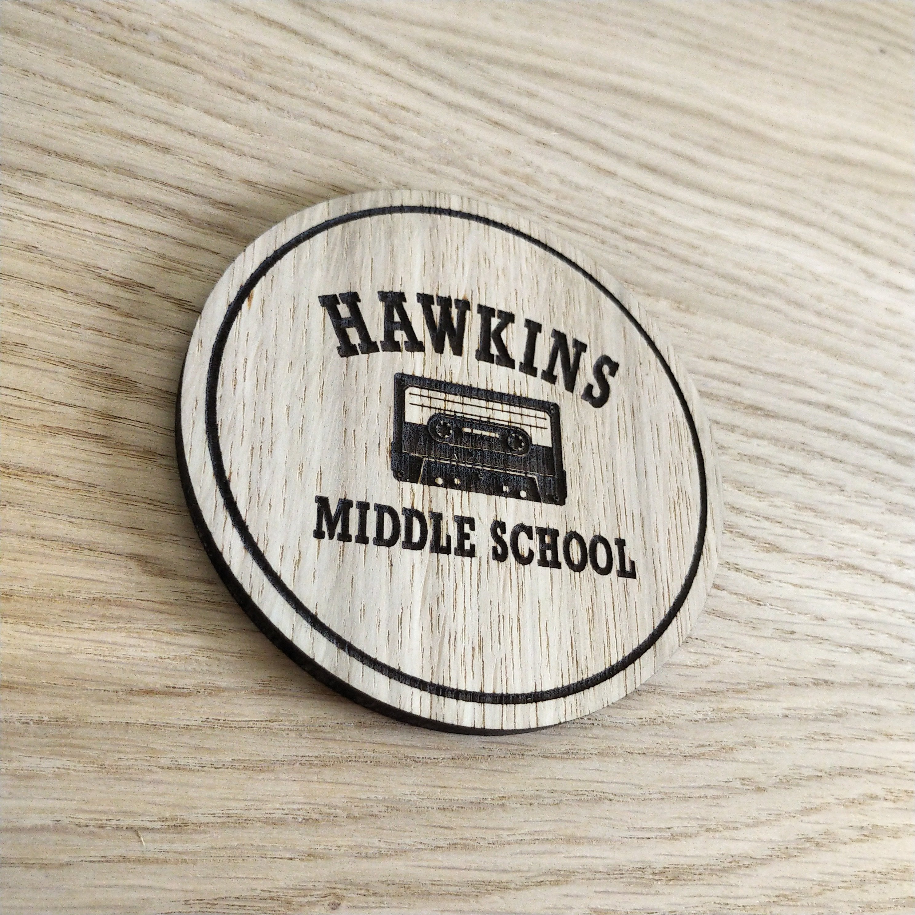 Laser cut wooden coaster personalised. Hawkins Cassette