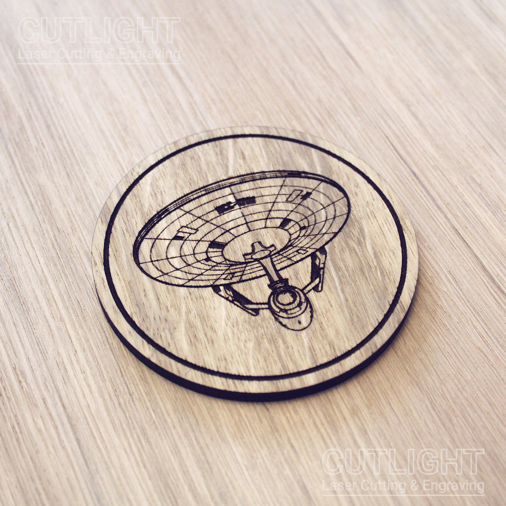Laser cut wooden coaster personalised.  Enterprise Spaceship