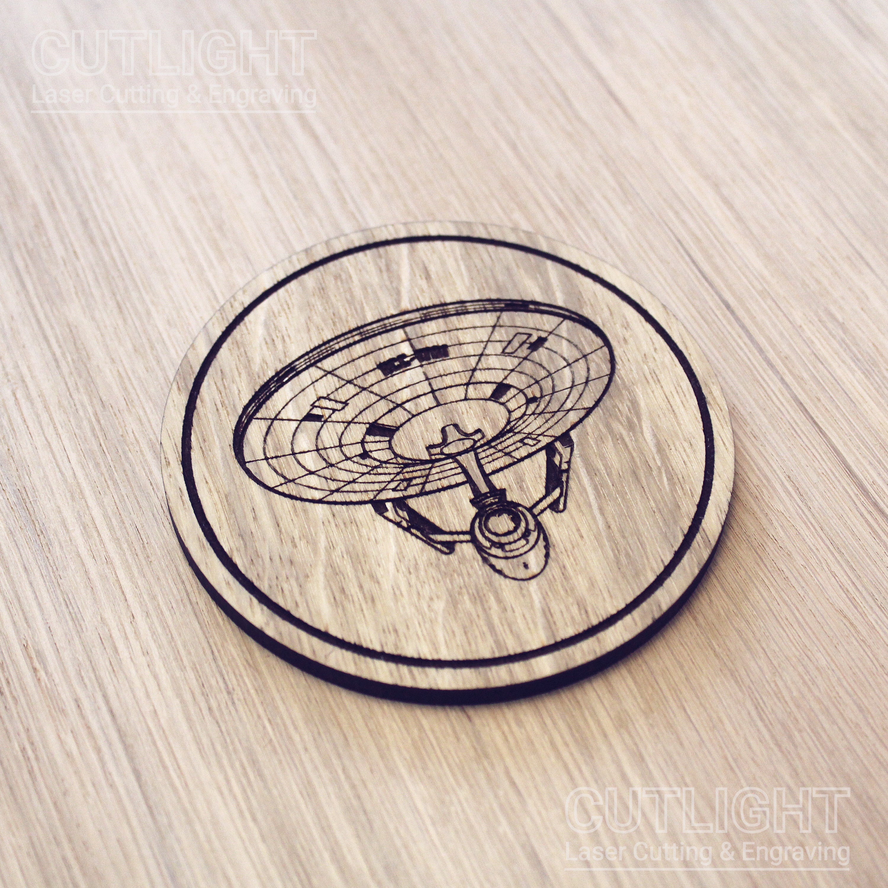 Laser cut wooden coaster personalised.  Enterprise Spaceship