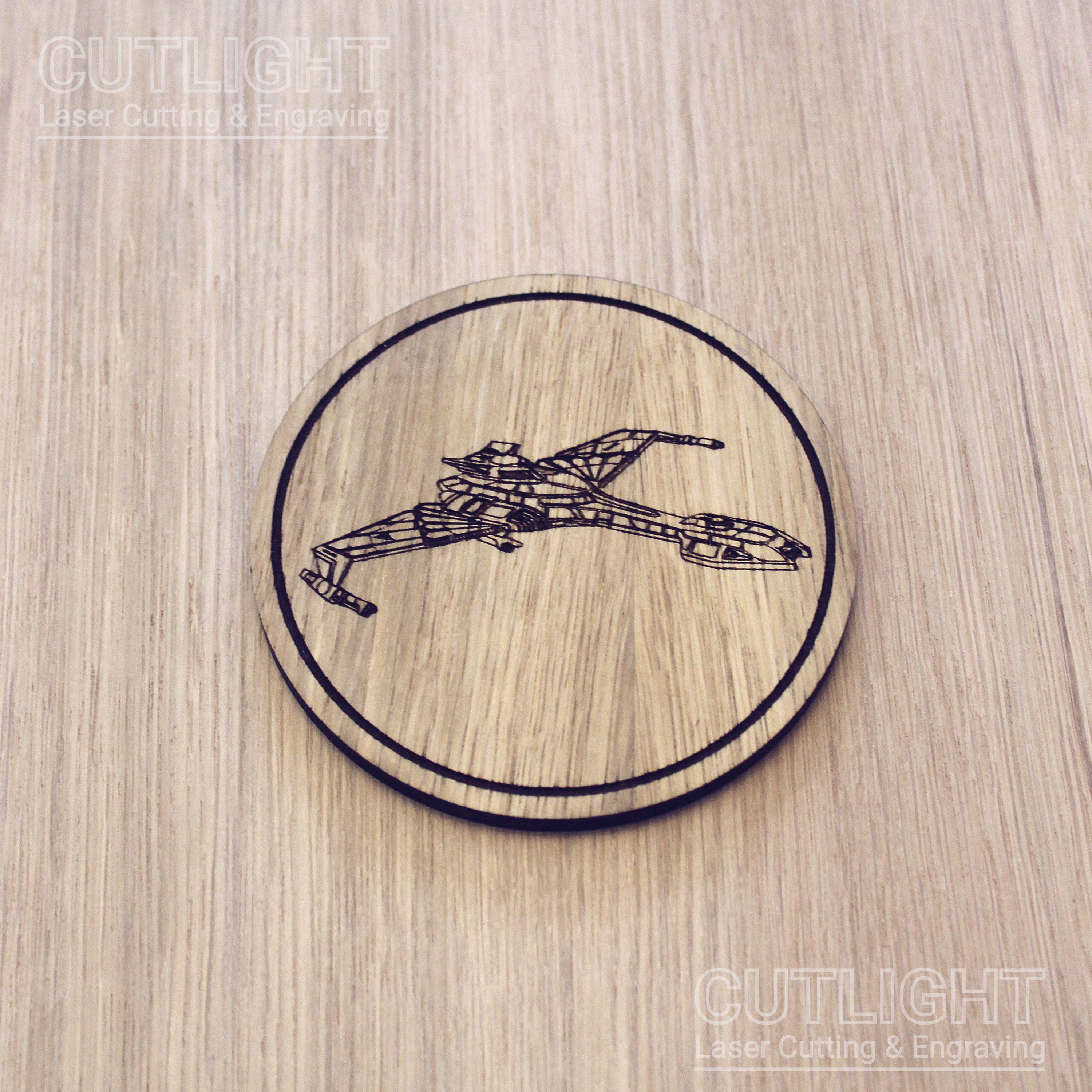 Laser cut wooden coaster personalised.  Warbird Spaceship