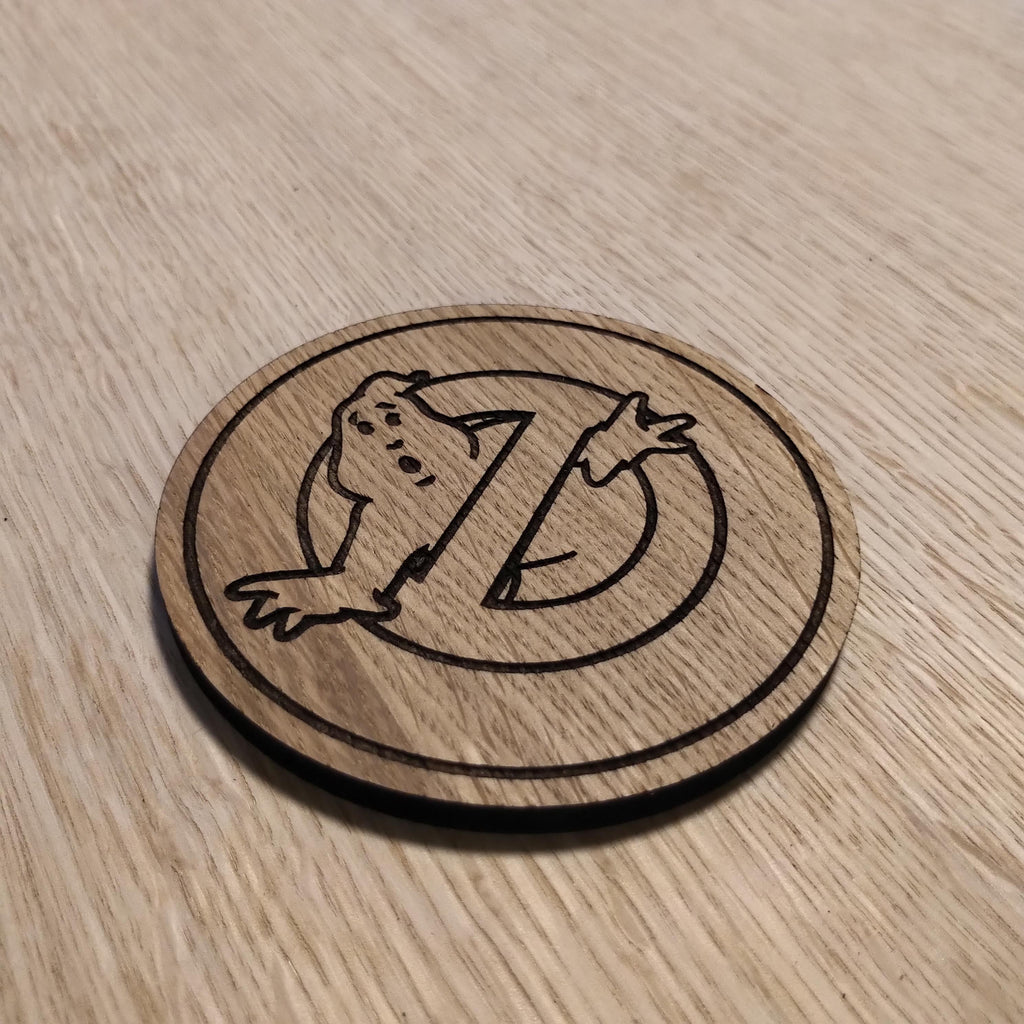 Laser cut wooden coaster. Ghostbust