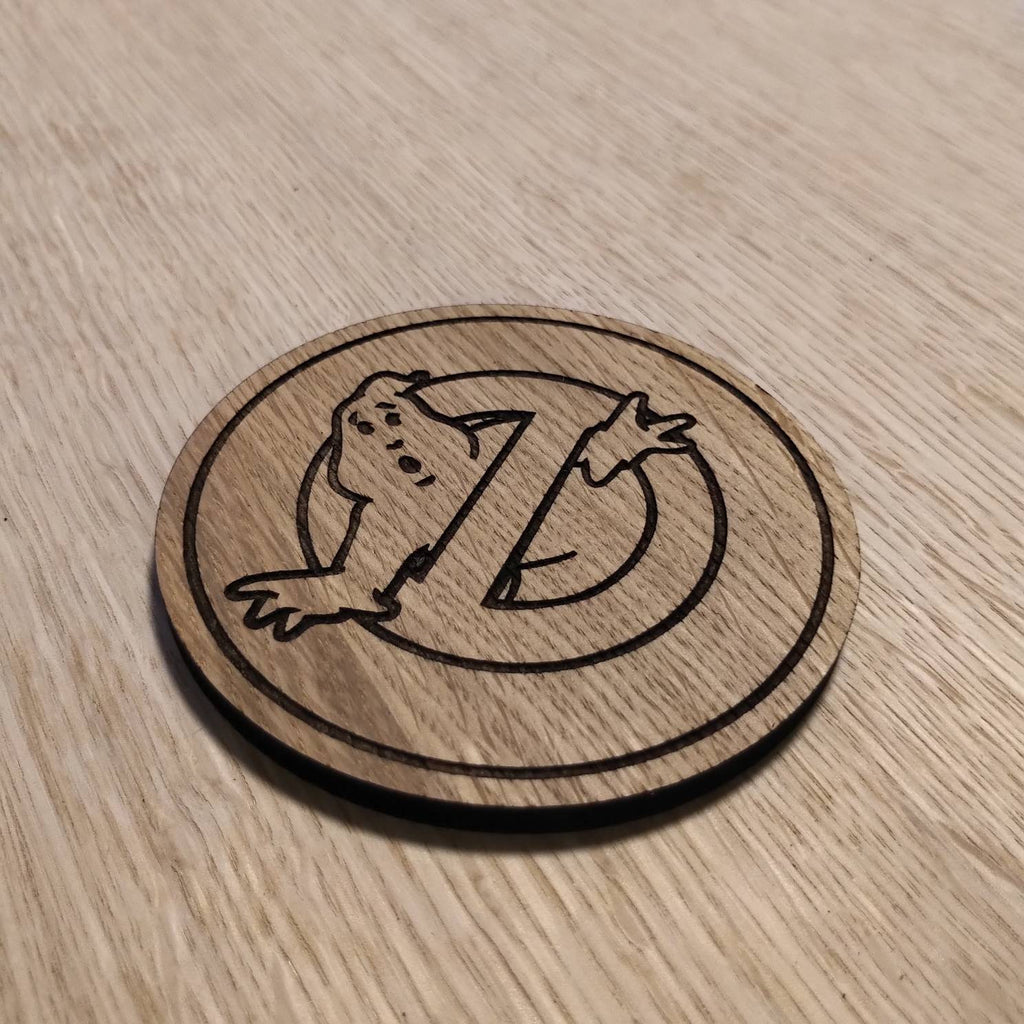Laser cut wooden coaster. Ghostbust