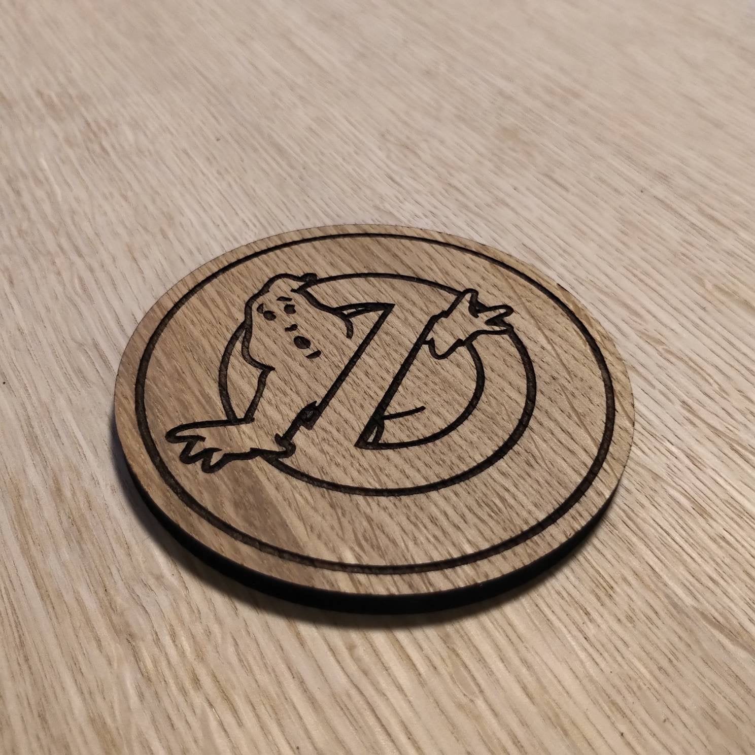 Laser cut wooden coaster. Ghostbust