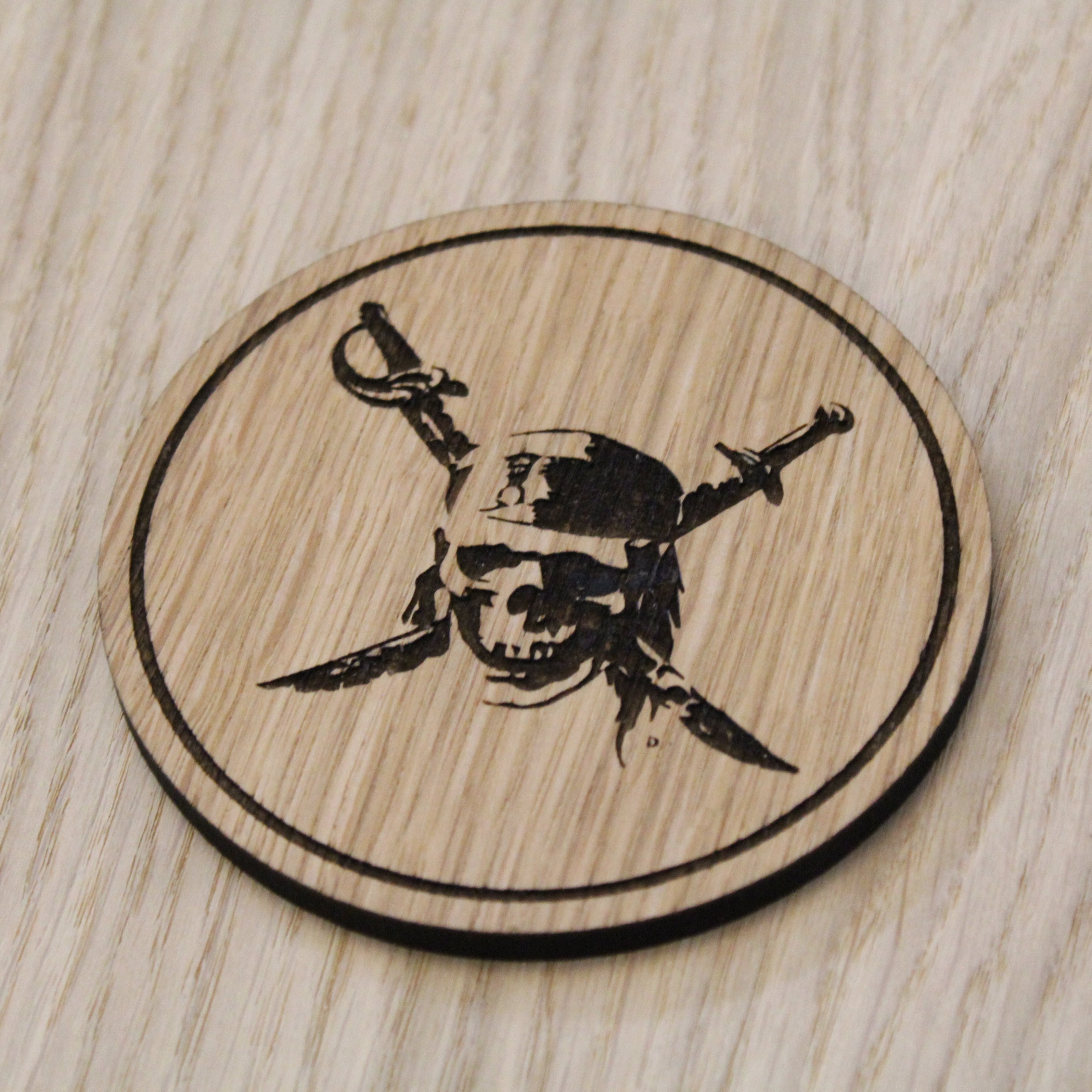 Laser cut wooden coaster. carribbean skull