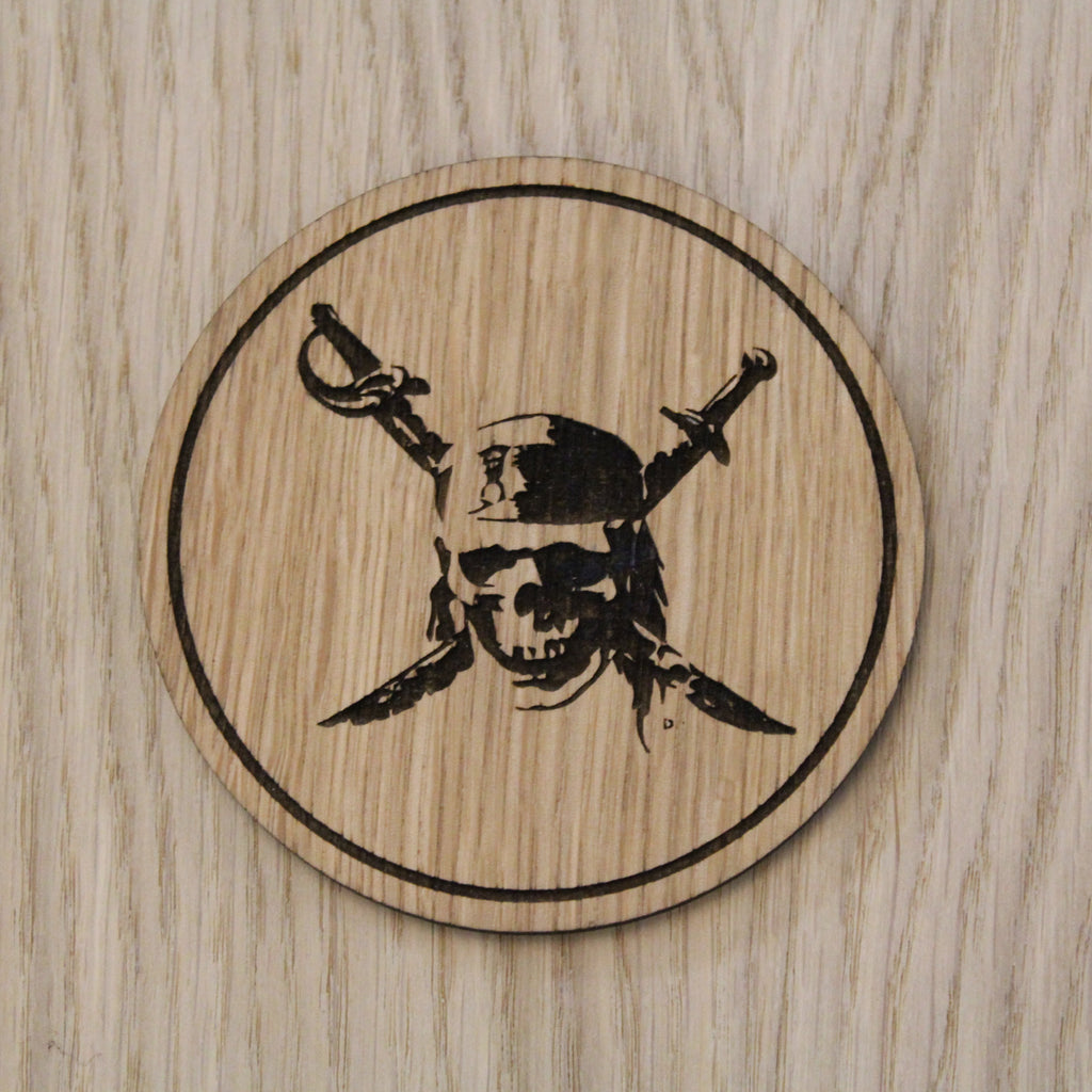 Laser cut wooden coaster. carribbean skull