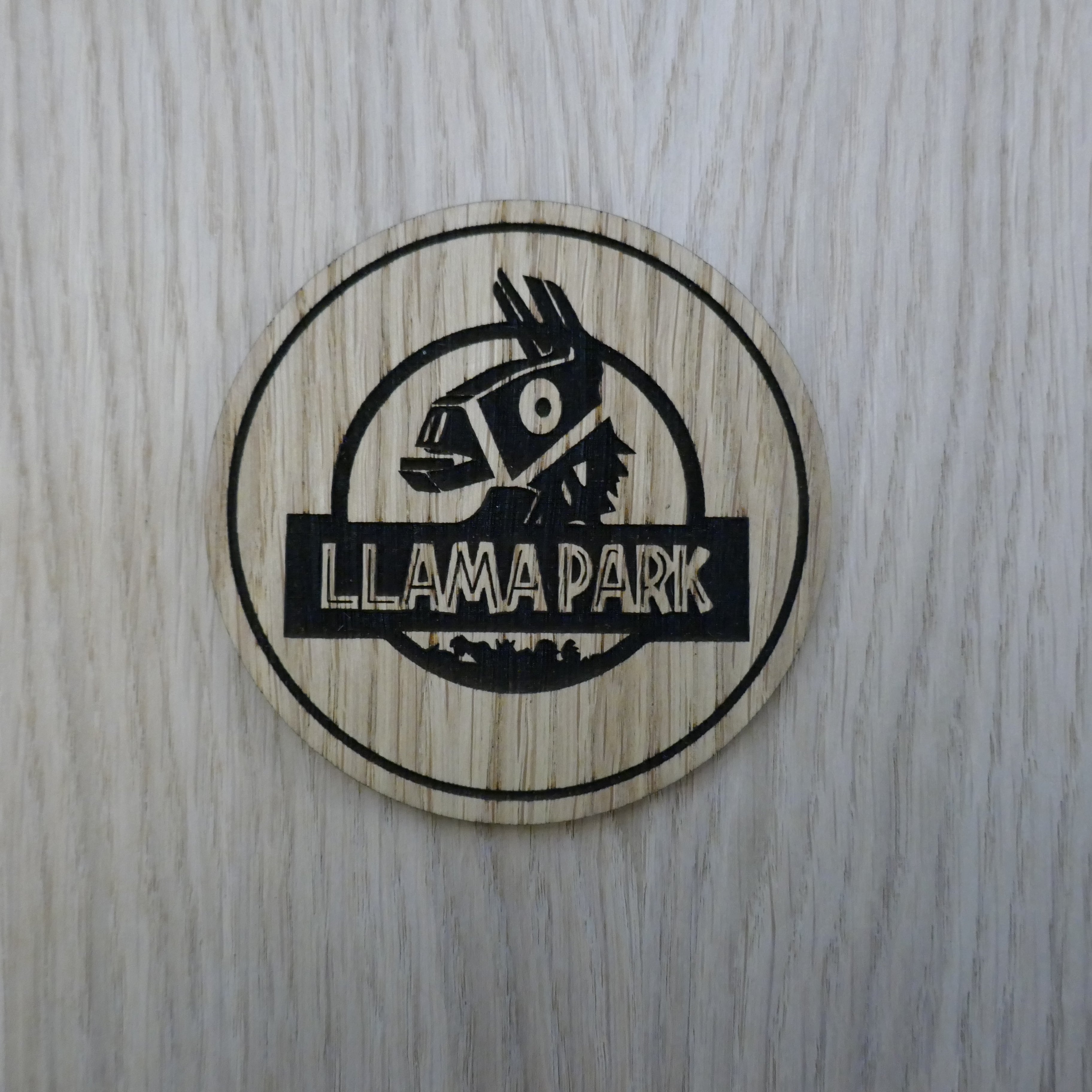 Laser cut wooden coaster personalised. Llama Park pun