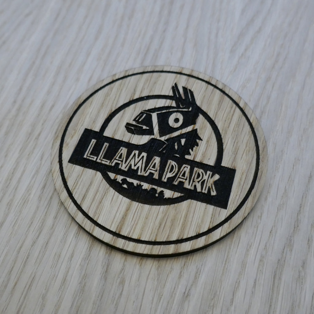 Laser cut wooden coaster personalised. Llama Park pun