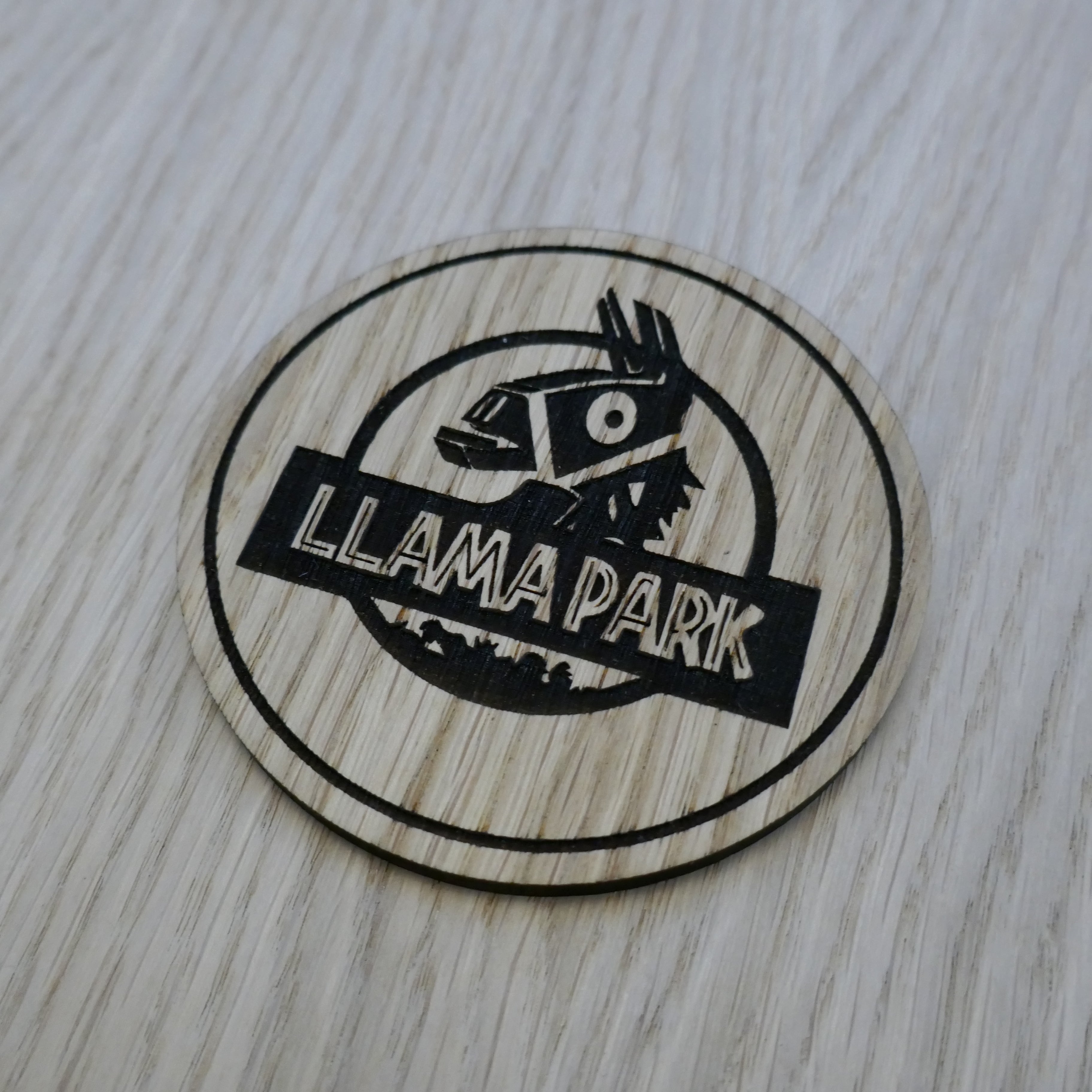 Laser cut wooden coaster personalised. Llama Park pun