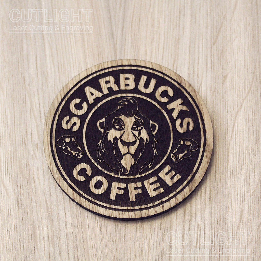 Laser cut wooden coaster personalised. Scar Coffee