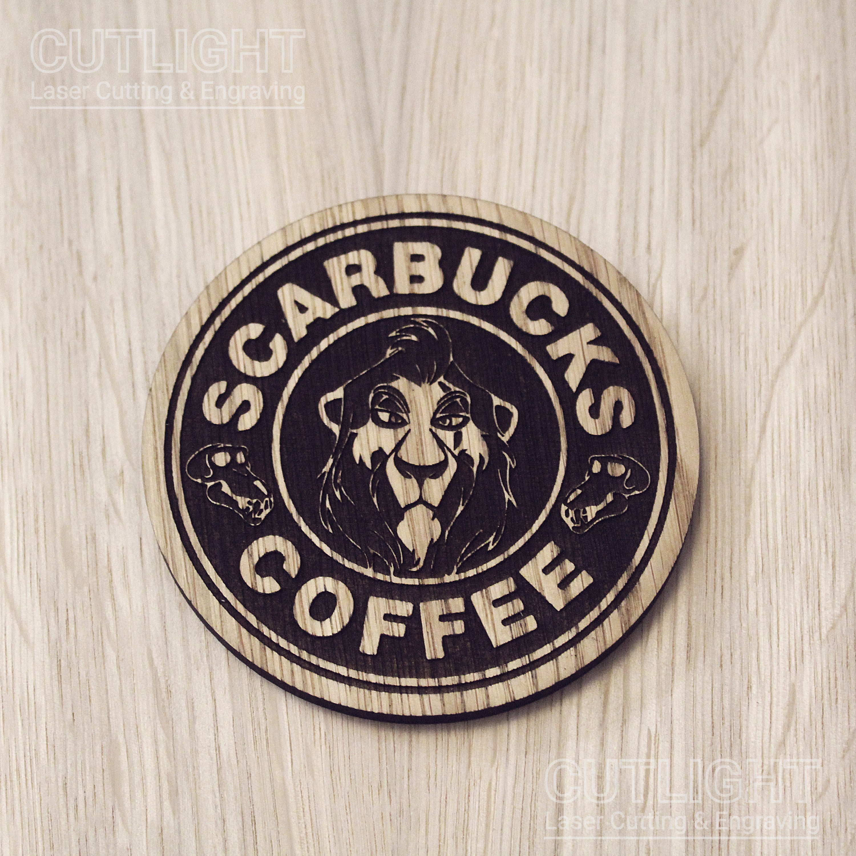 Laser cut wooden coaster personalised. Scar Coffee