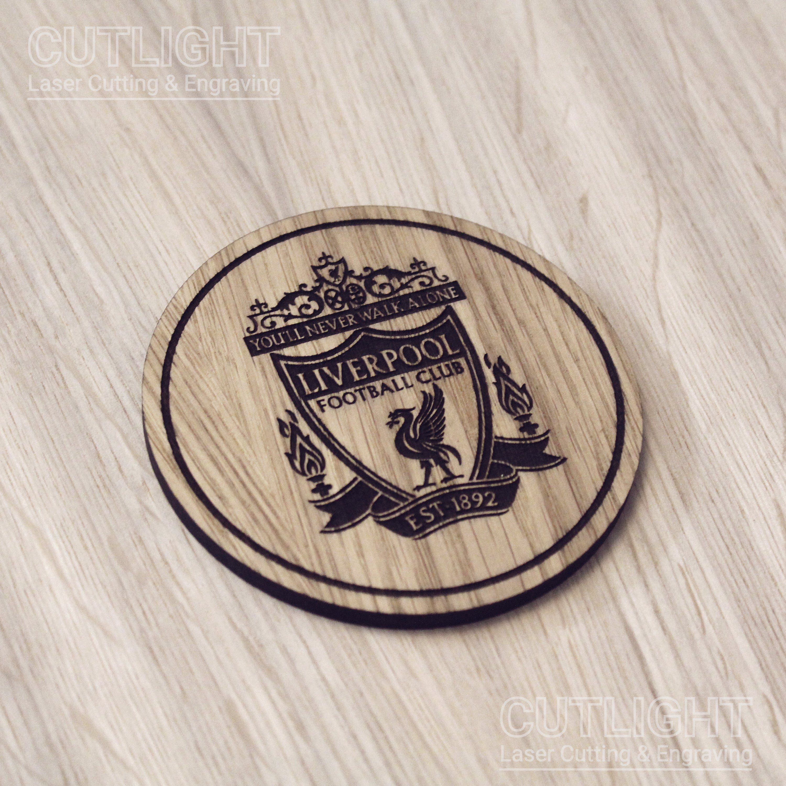 Laser cut wooden coaster. Liverpool