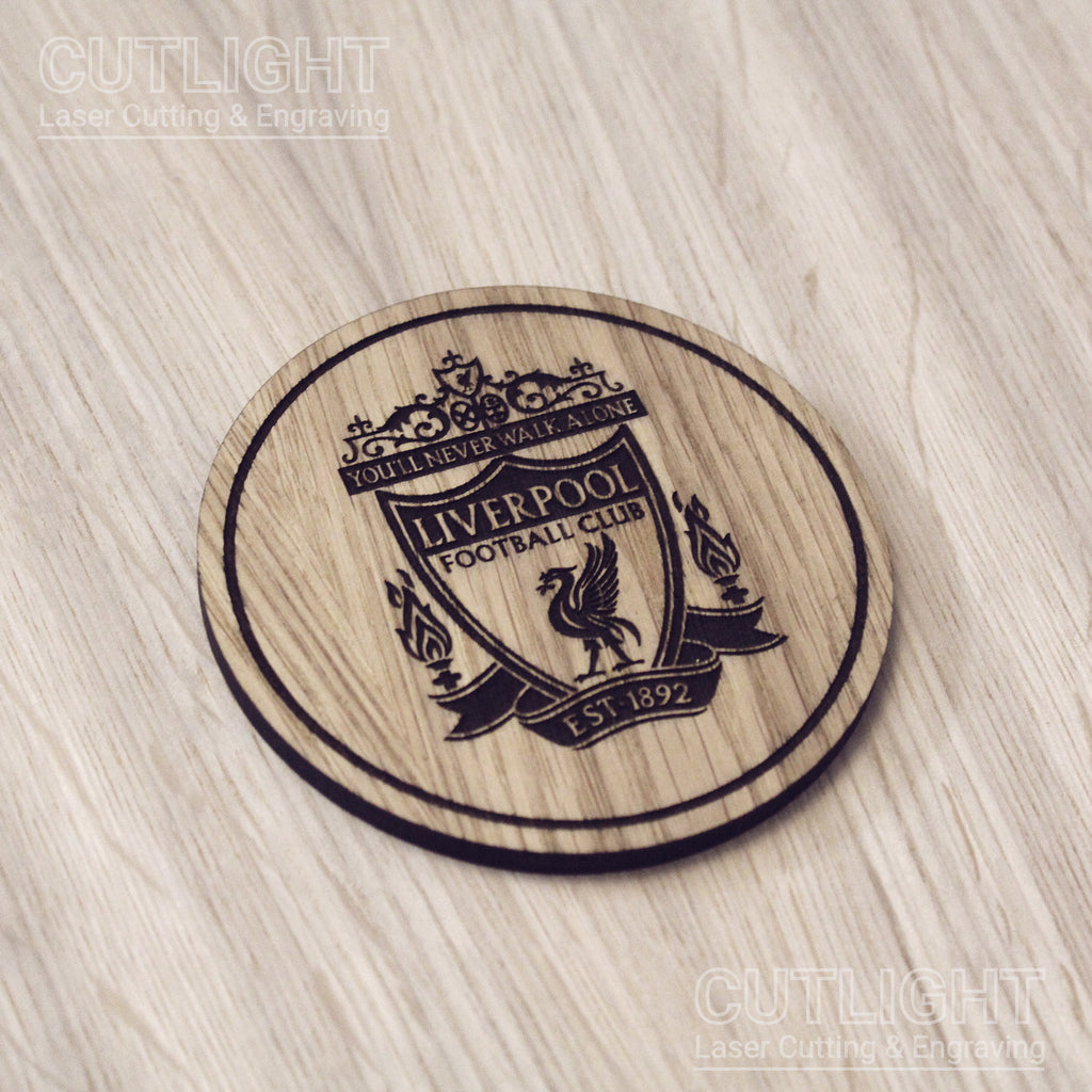 Laser cut wooden coaster. Liverpool