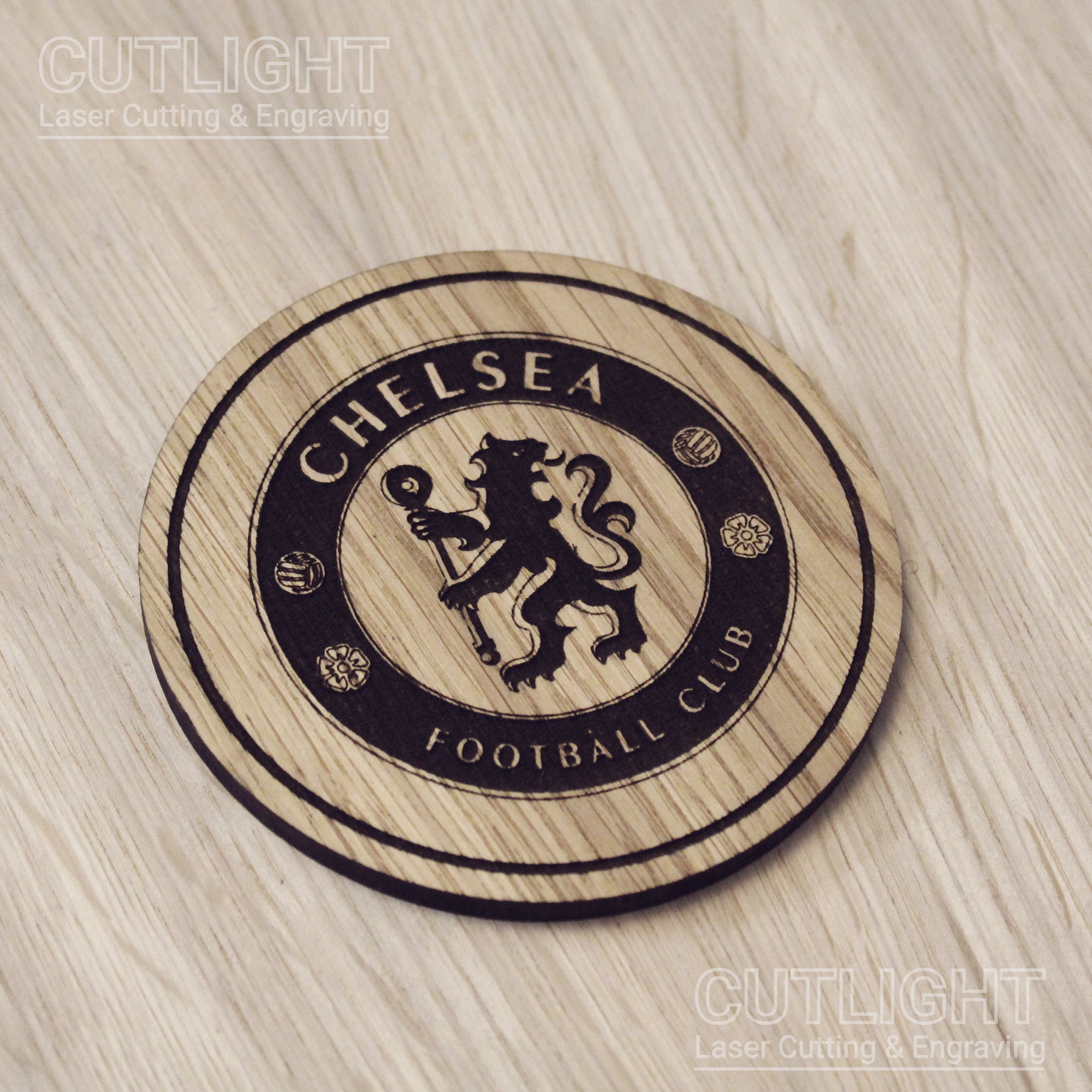 Laser cut wooden coaster. Chelsea