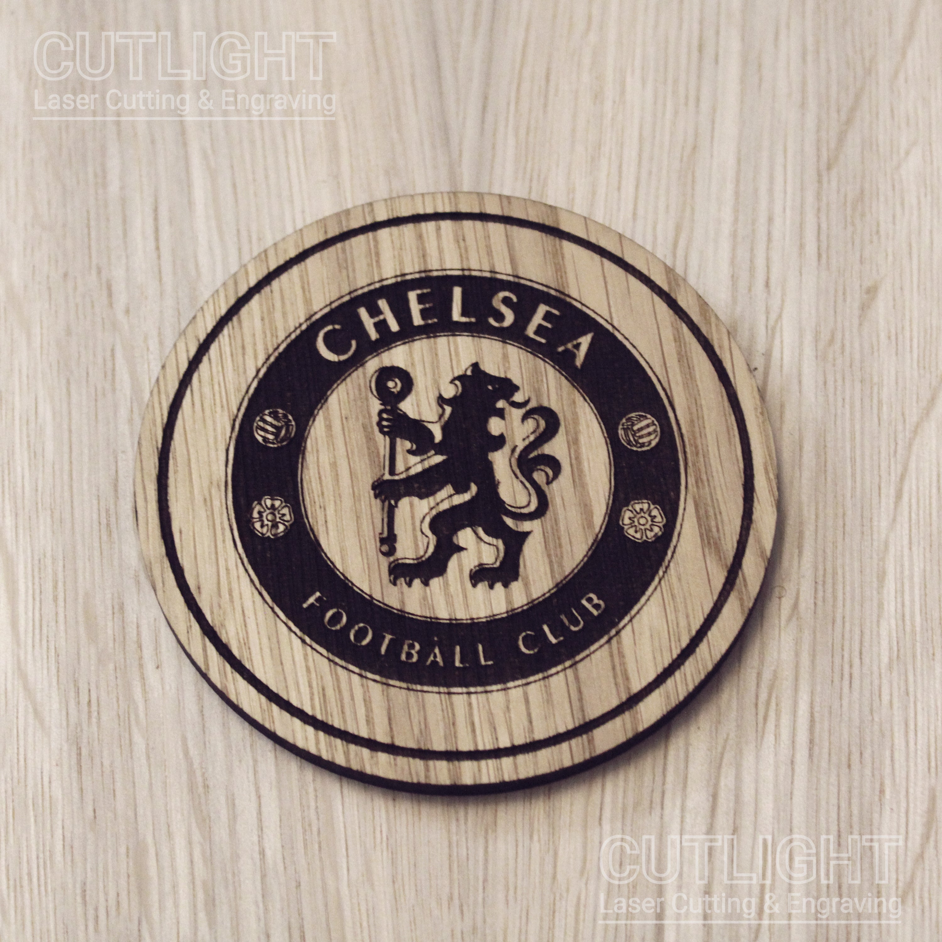 Laser cut wooden coaster. Chelsea