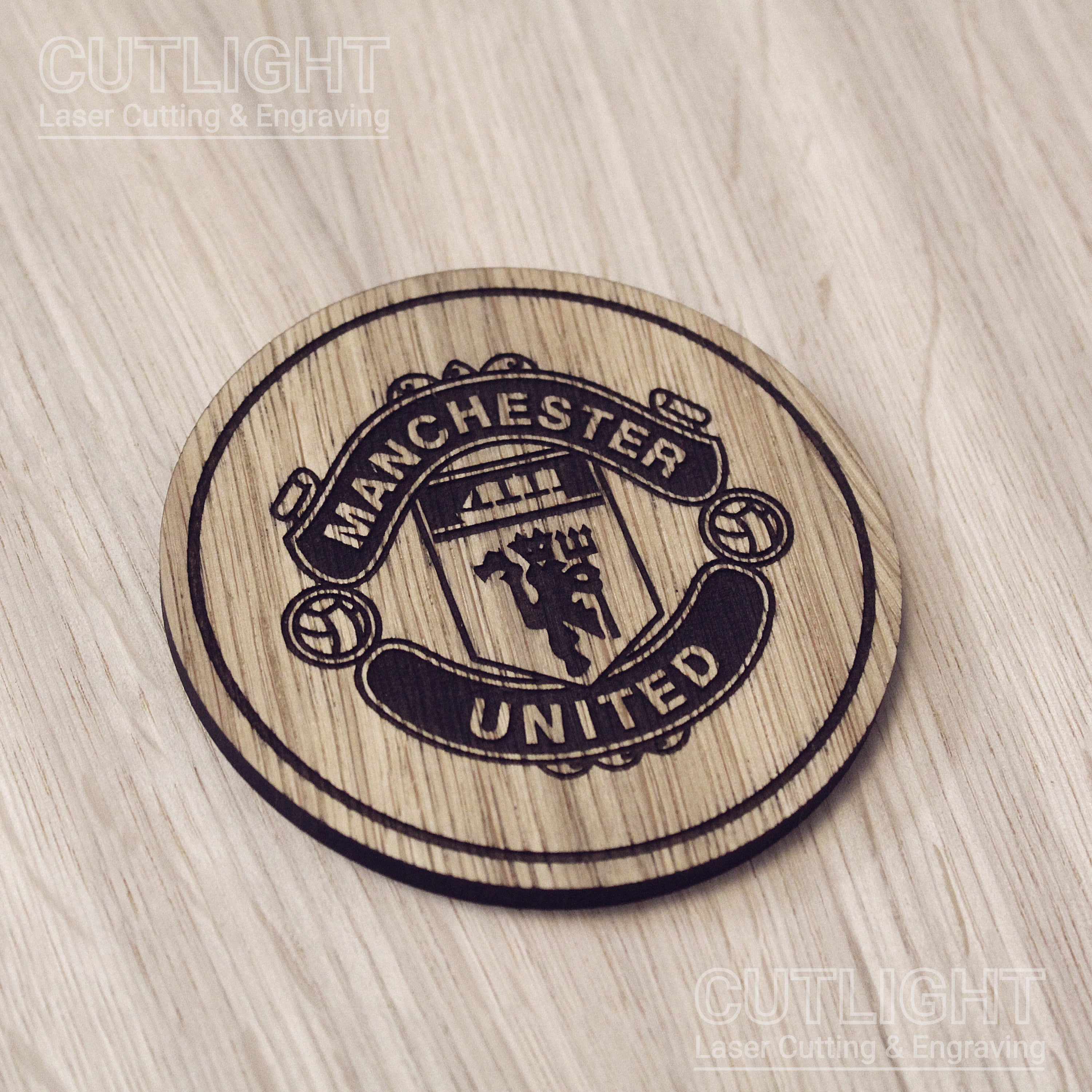 Laser cut wooden coaster. Manchester United